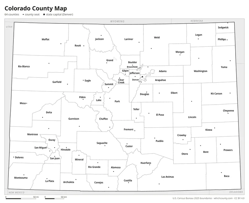 Black and white Colorado county map