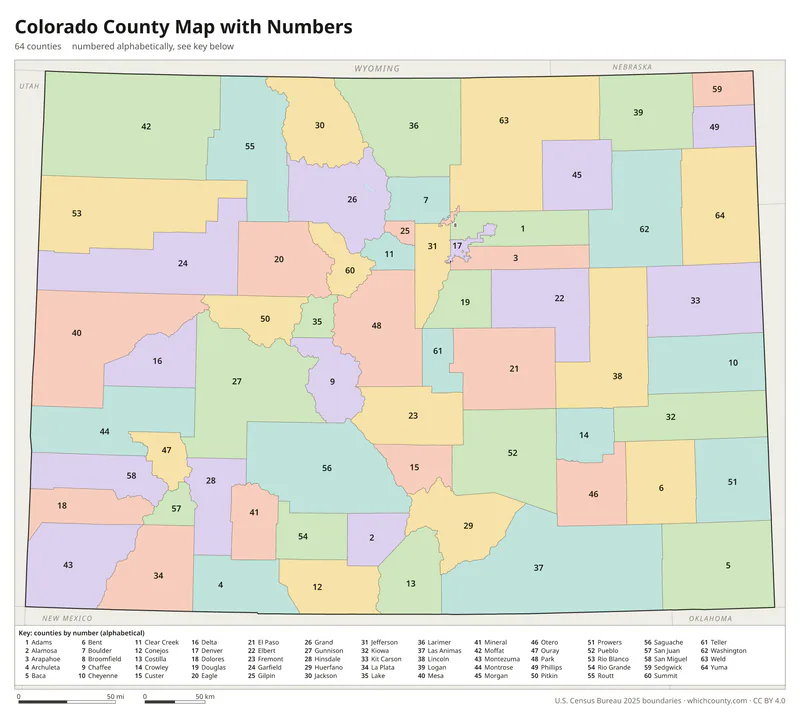 Colorado county map with numbers