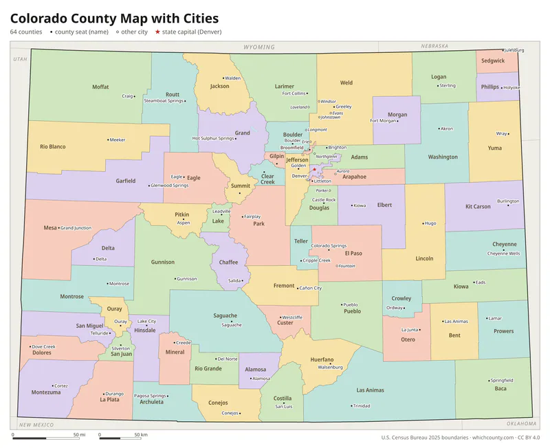 Colorado county map with cities and county seats