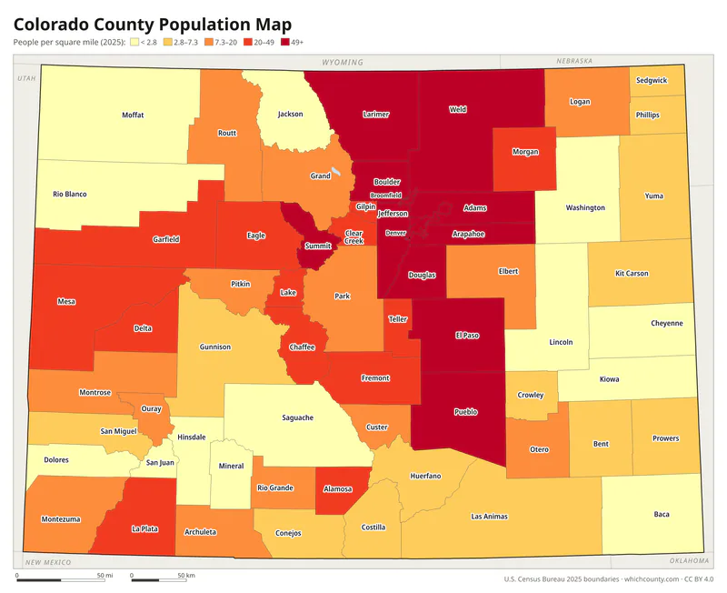 Map of Colorado counties shaded by population density