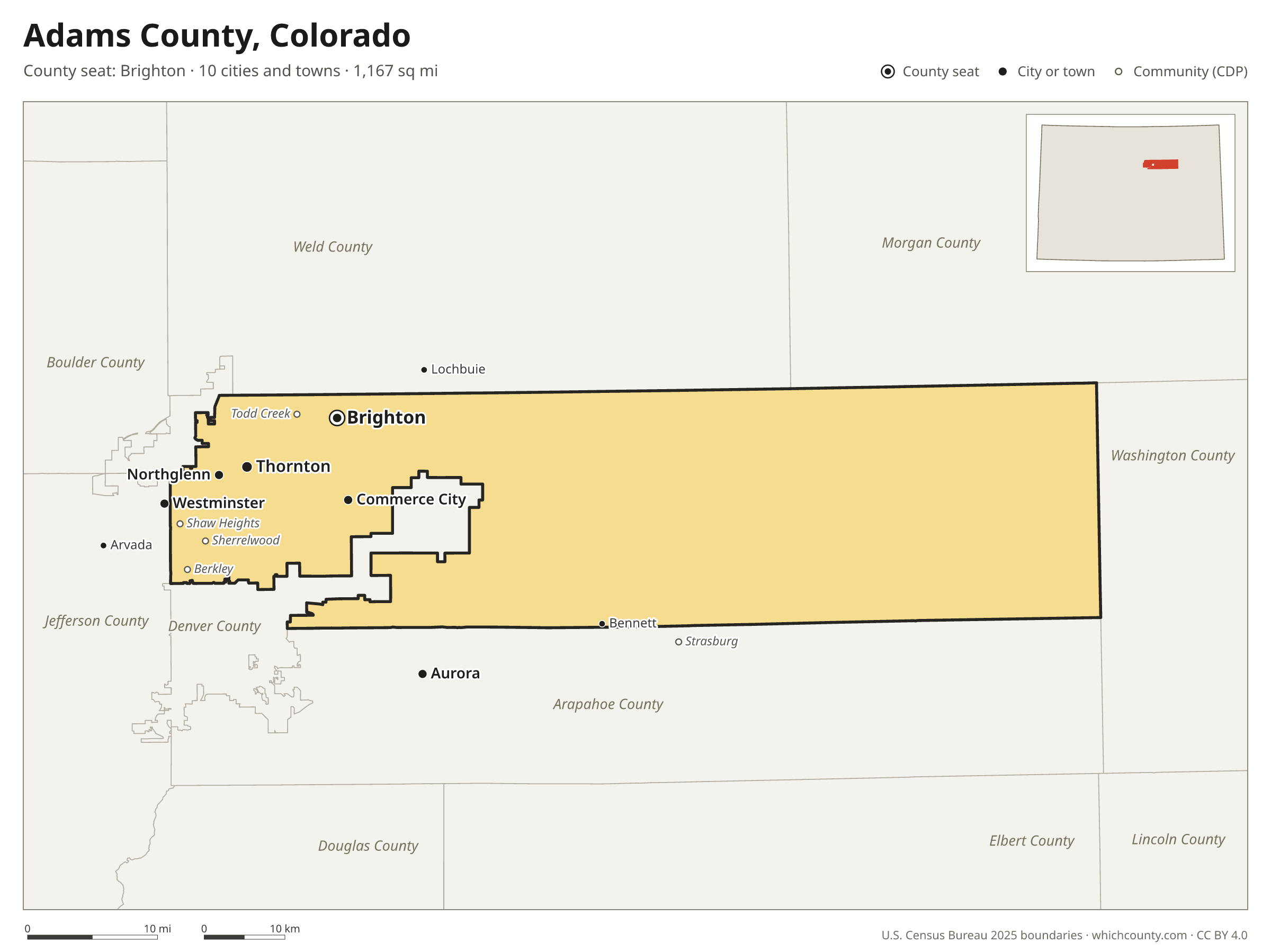 Map of Adams County, Colorado with cities, towns and the county boundary