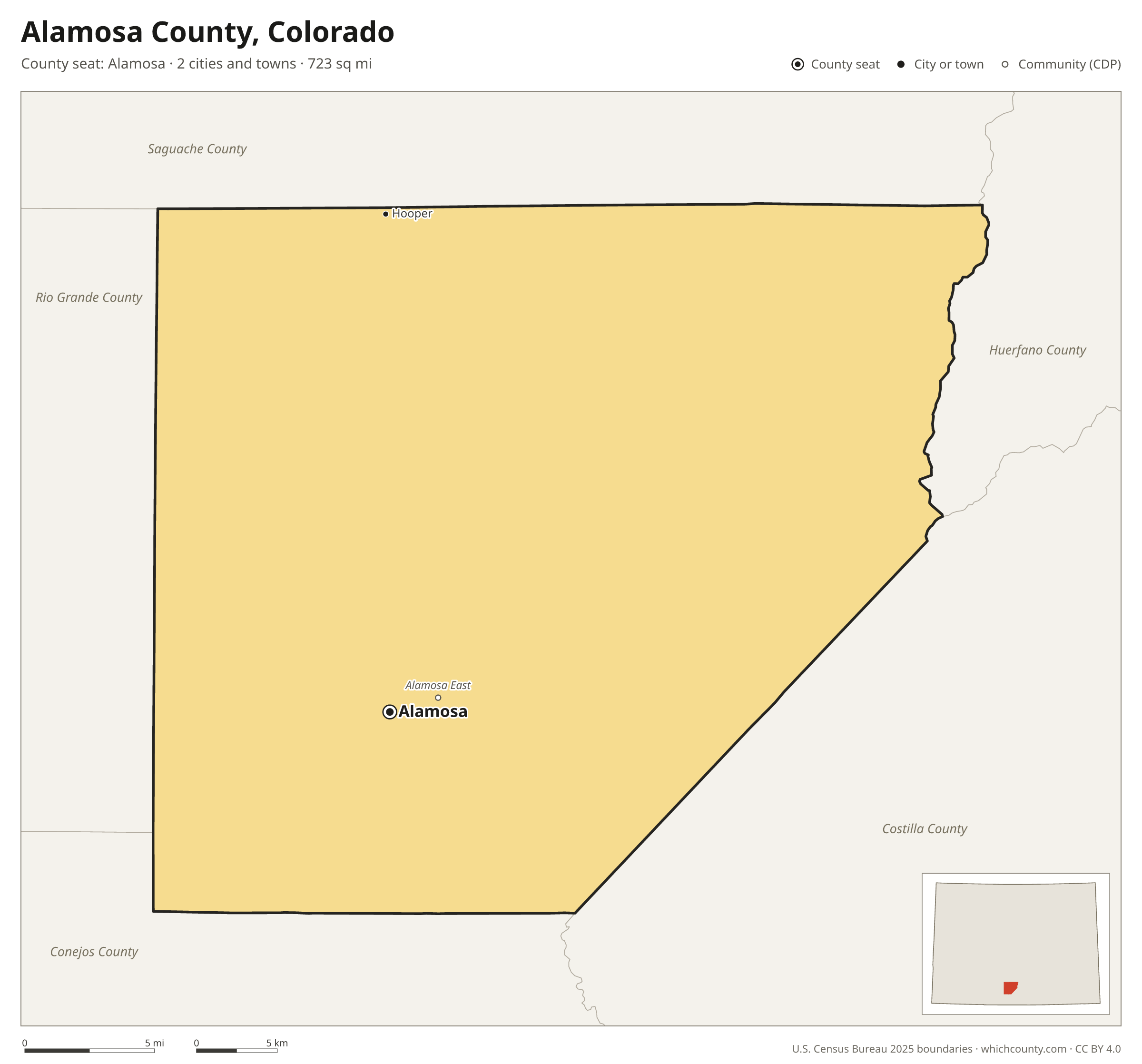 Map of Alamosa County, Colorado with cities, towns and the county boundary