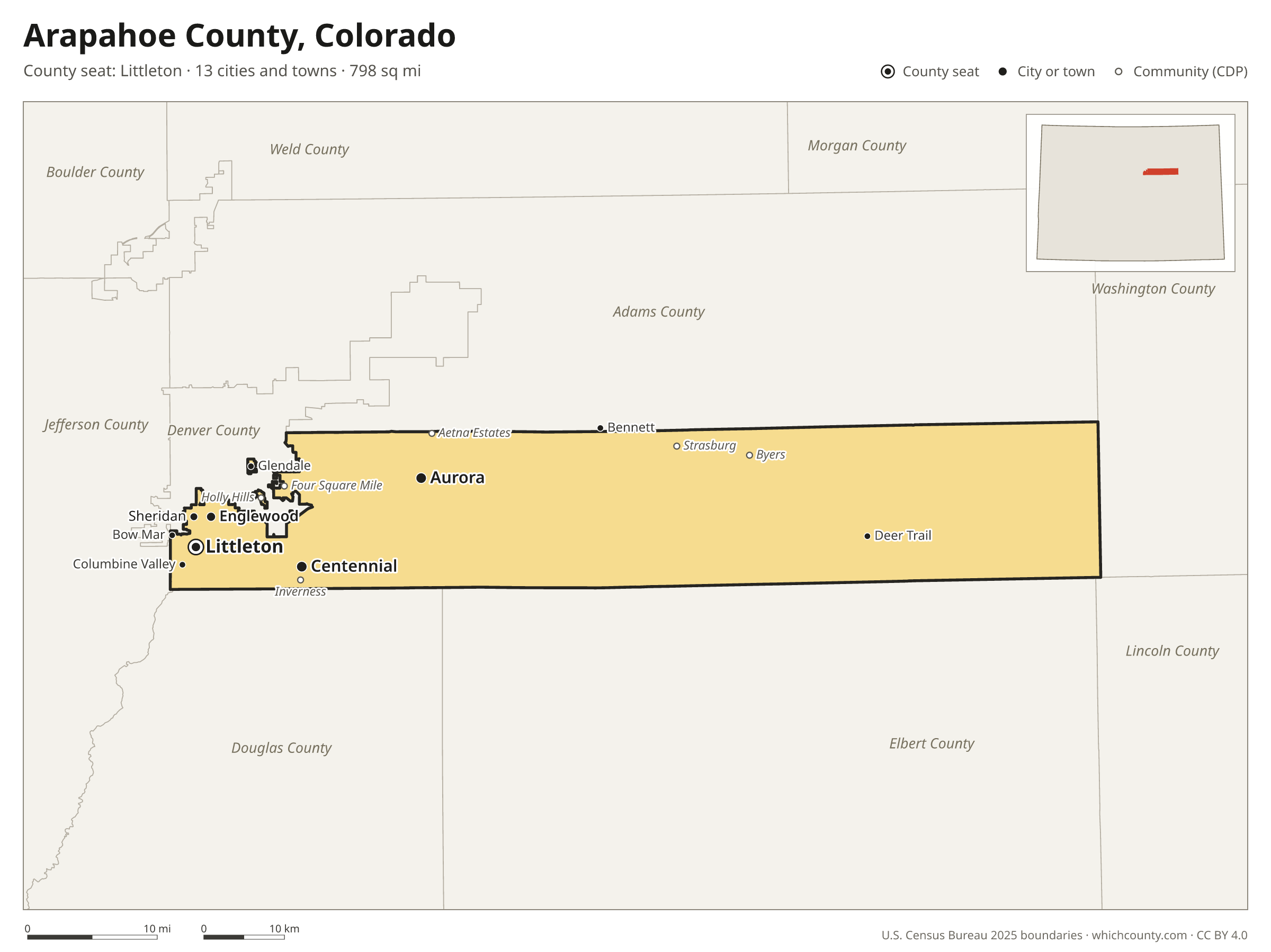 Map of Arapahoe County, Colorado with cities, towns and the county boundary