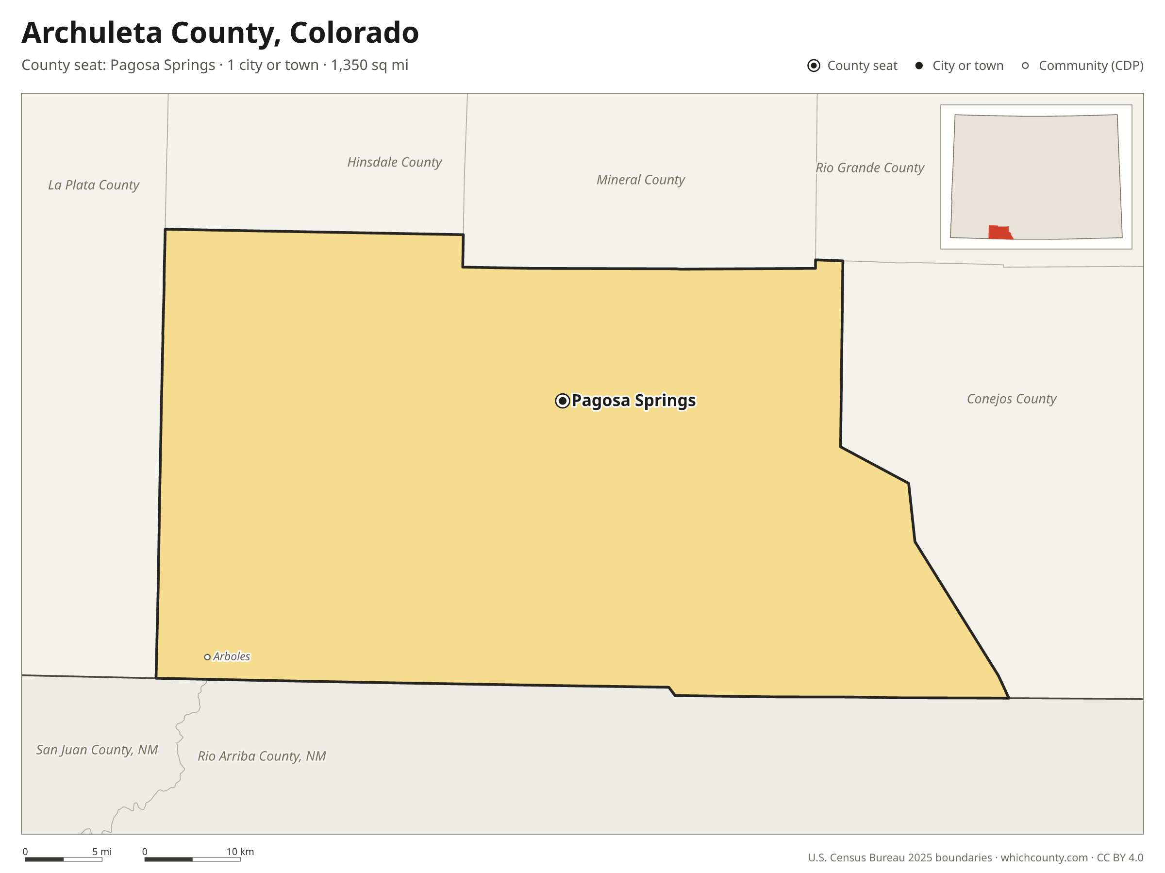 Map of Archuleta County, Colorado with cities, towns and the county boundary