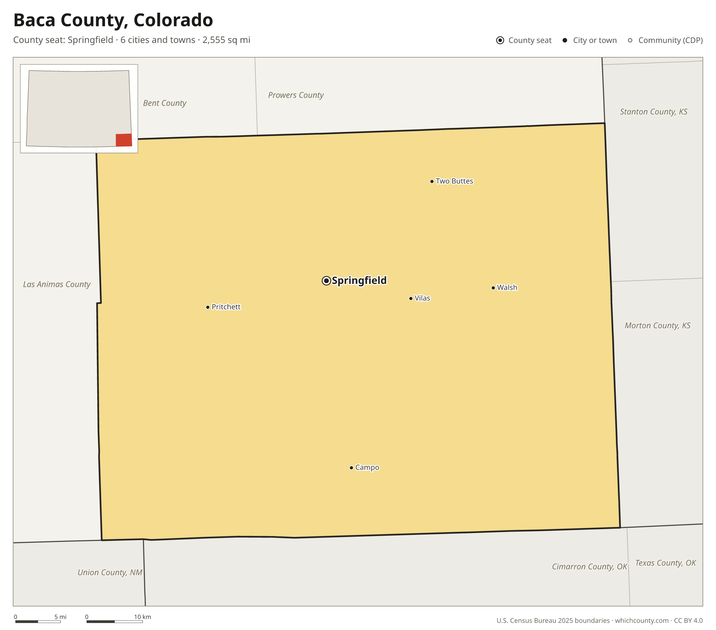 Map of Baca County, Colorado with cities, towns and the county boundary