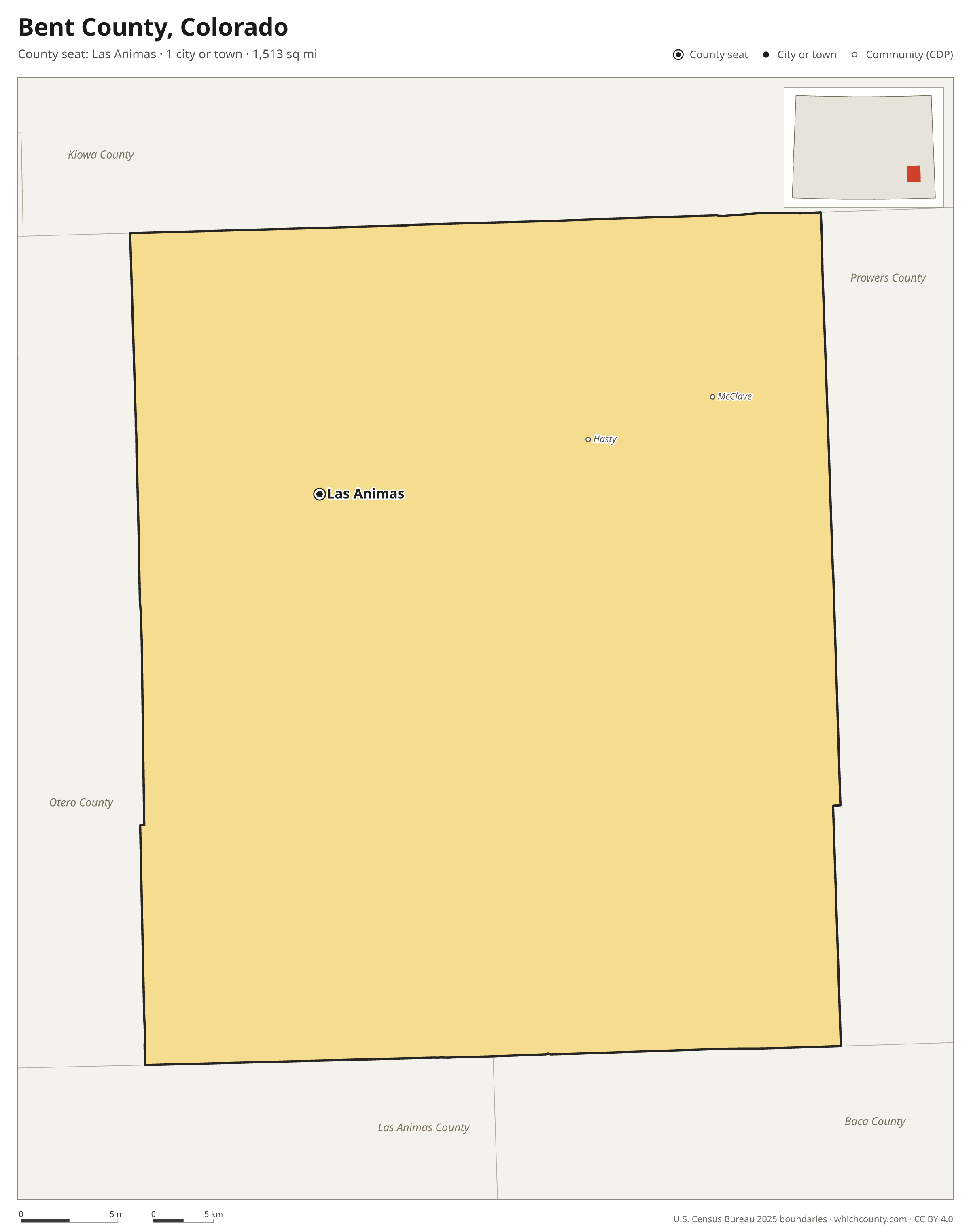 Map of Bent County, Colorado with cities, towns and the county boundary