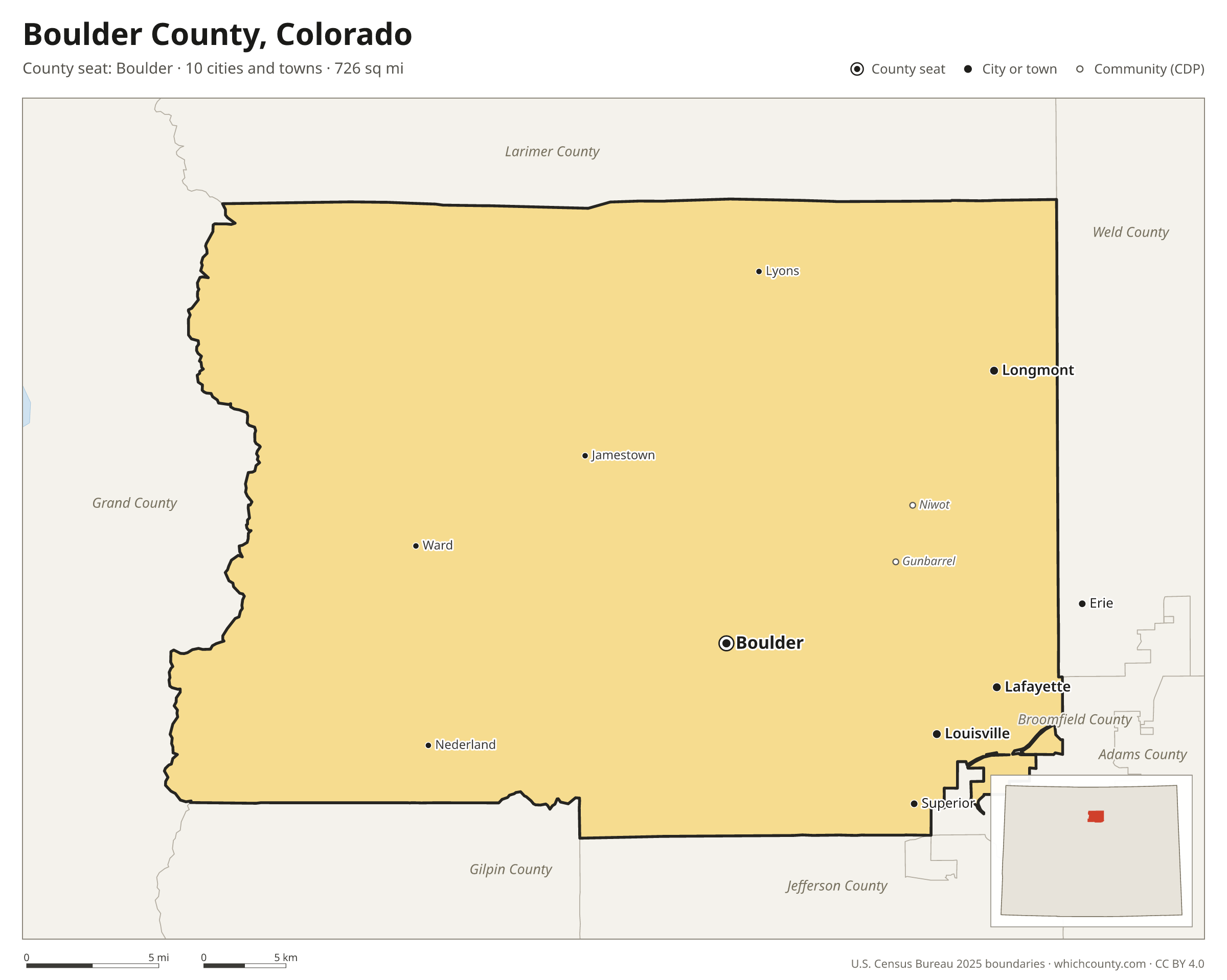 Map of Boulder County, Colorado with cities, towns and the county boundary