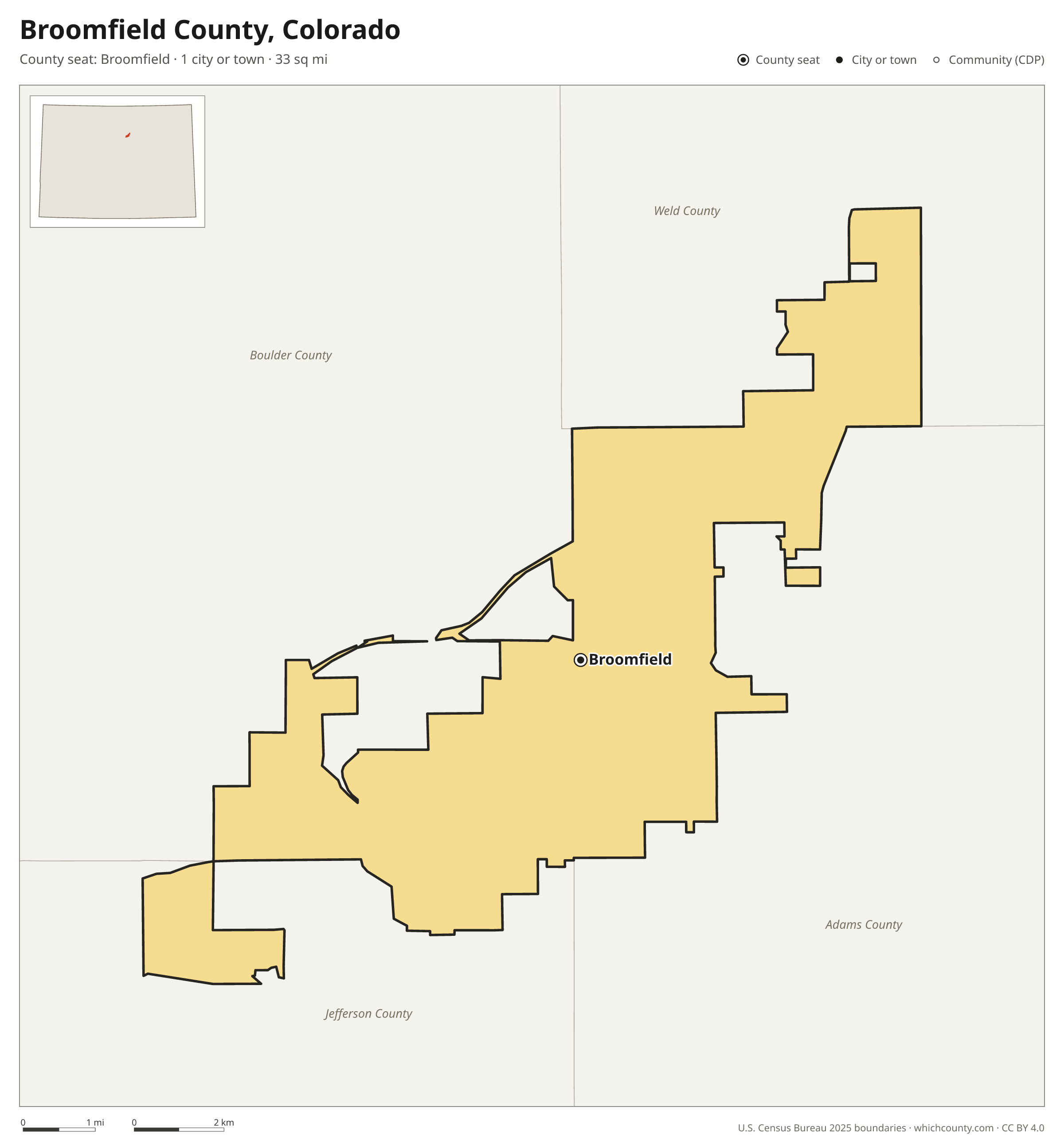 Map of Broomfield County, Colorado with cities, towns and the county boundary