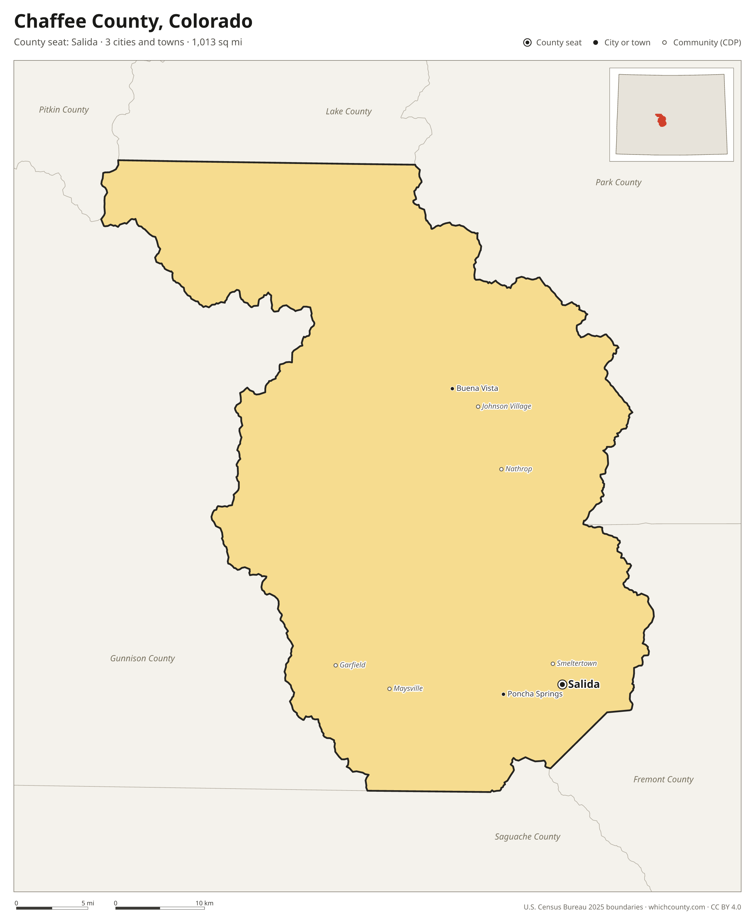Map of Chaffee County, Colorado with cities, towns and the county boundary