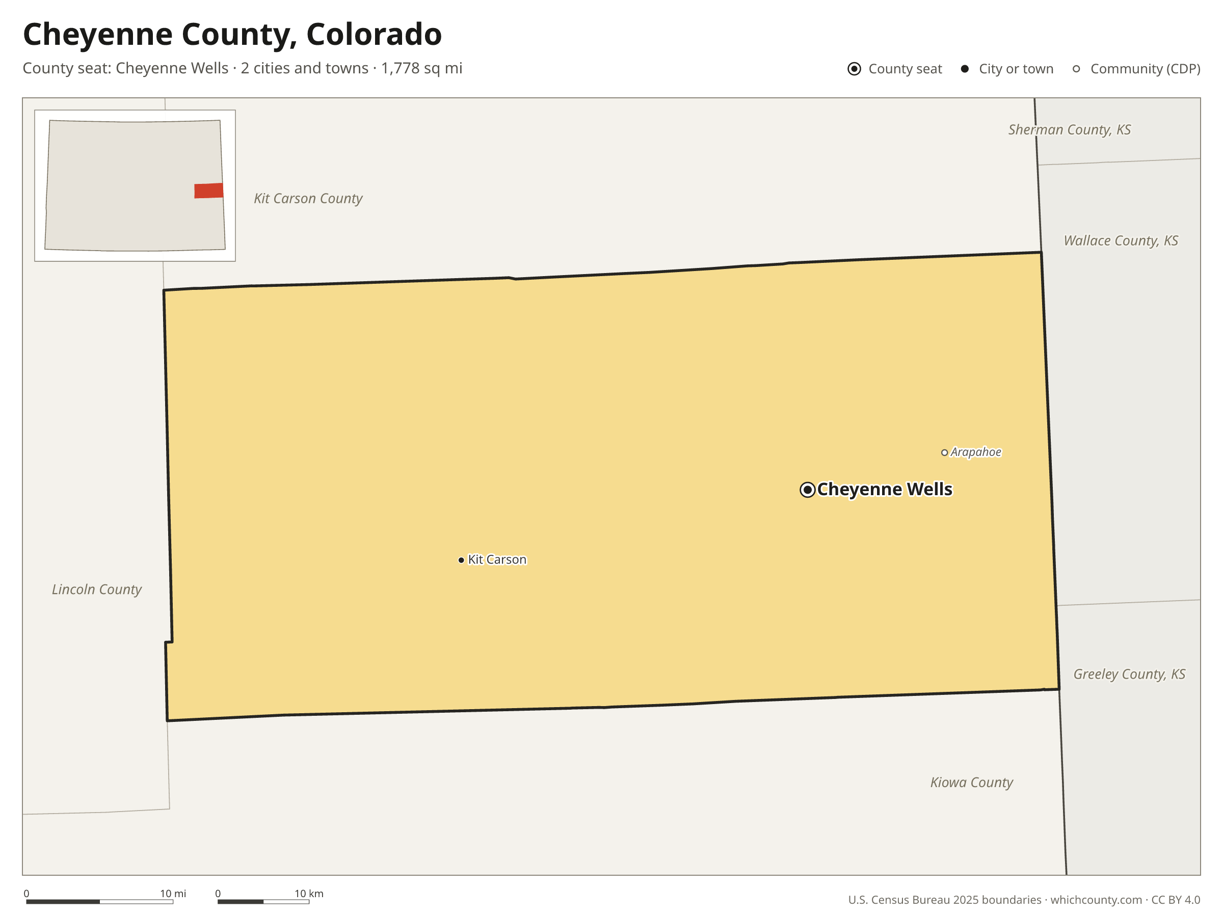 Map of Cheyenne County, Colorado with cities, towns and the county boundary