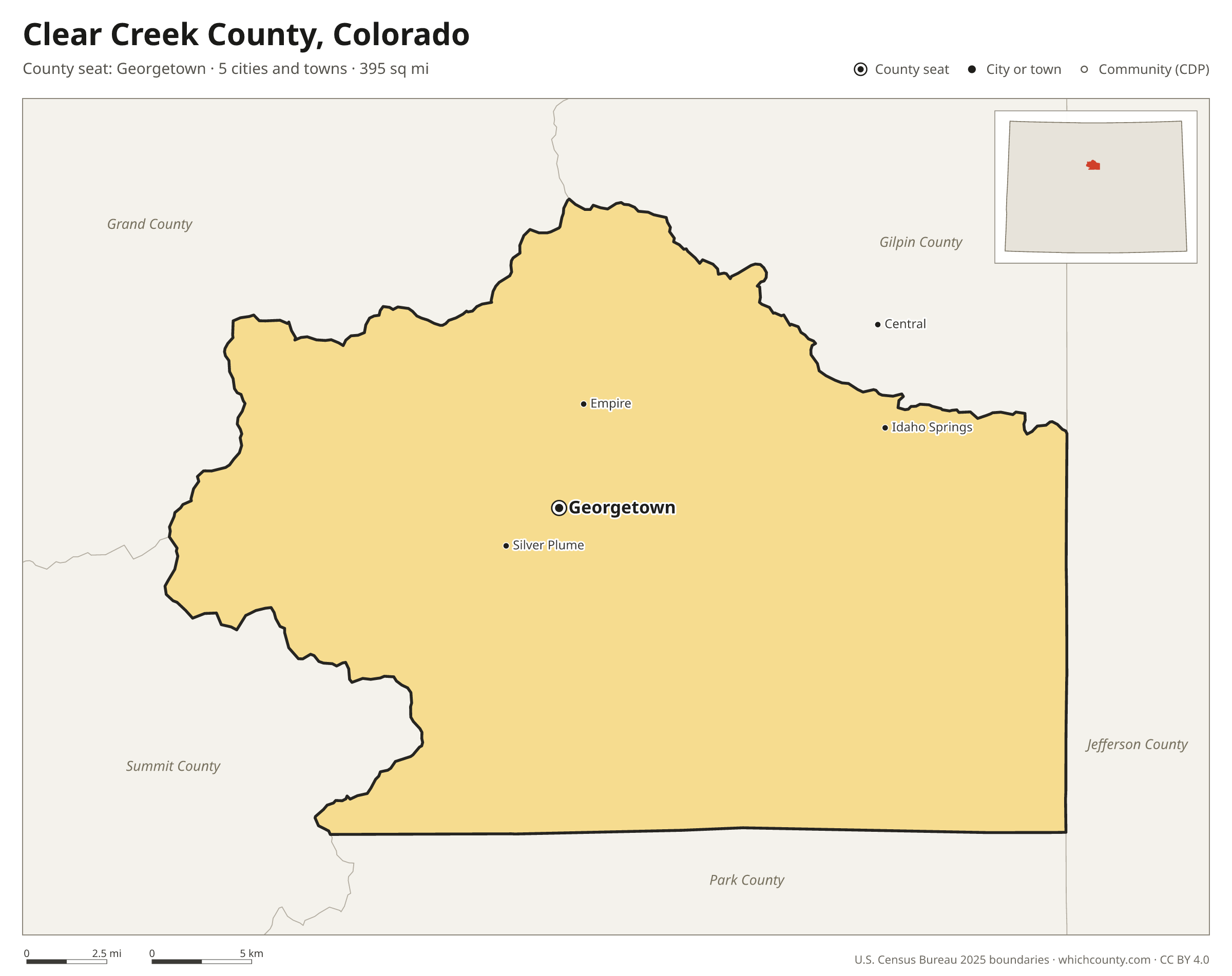 Map of Clear Creek County, Colorado with cities, towns and the county boundary
