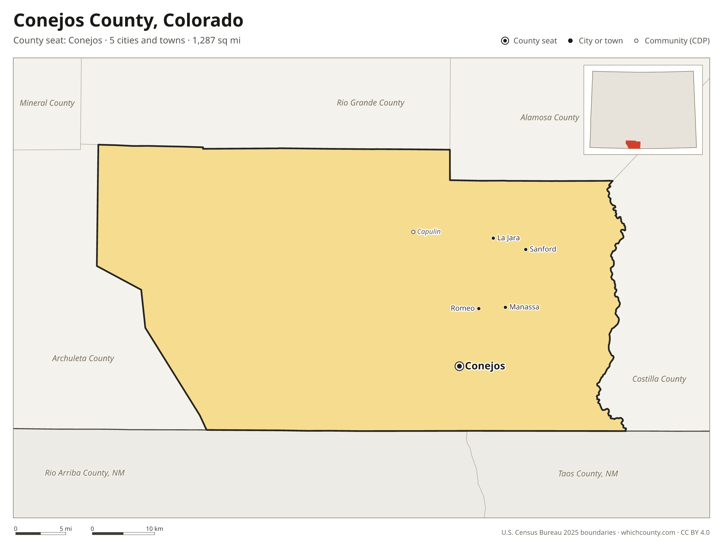 Map of Conejos County, Colorado with cities, towns and the county boundary