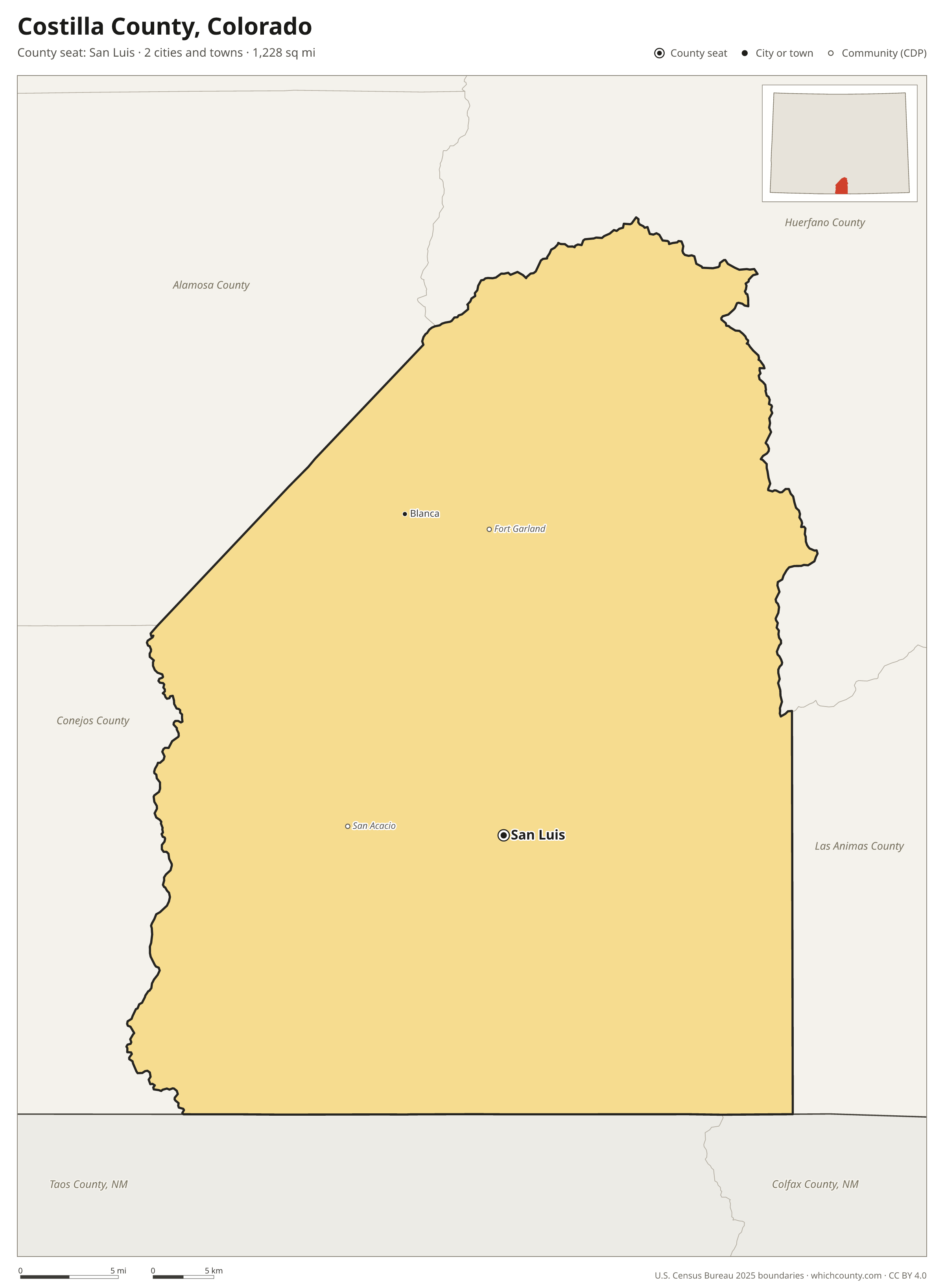 Map of Costilla County, Colorado with cities, towns and the county boundary