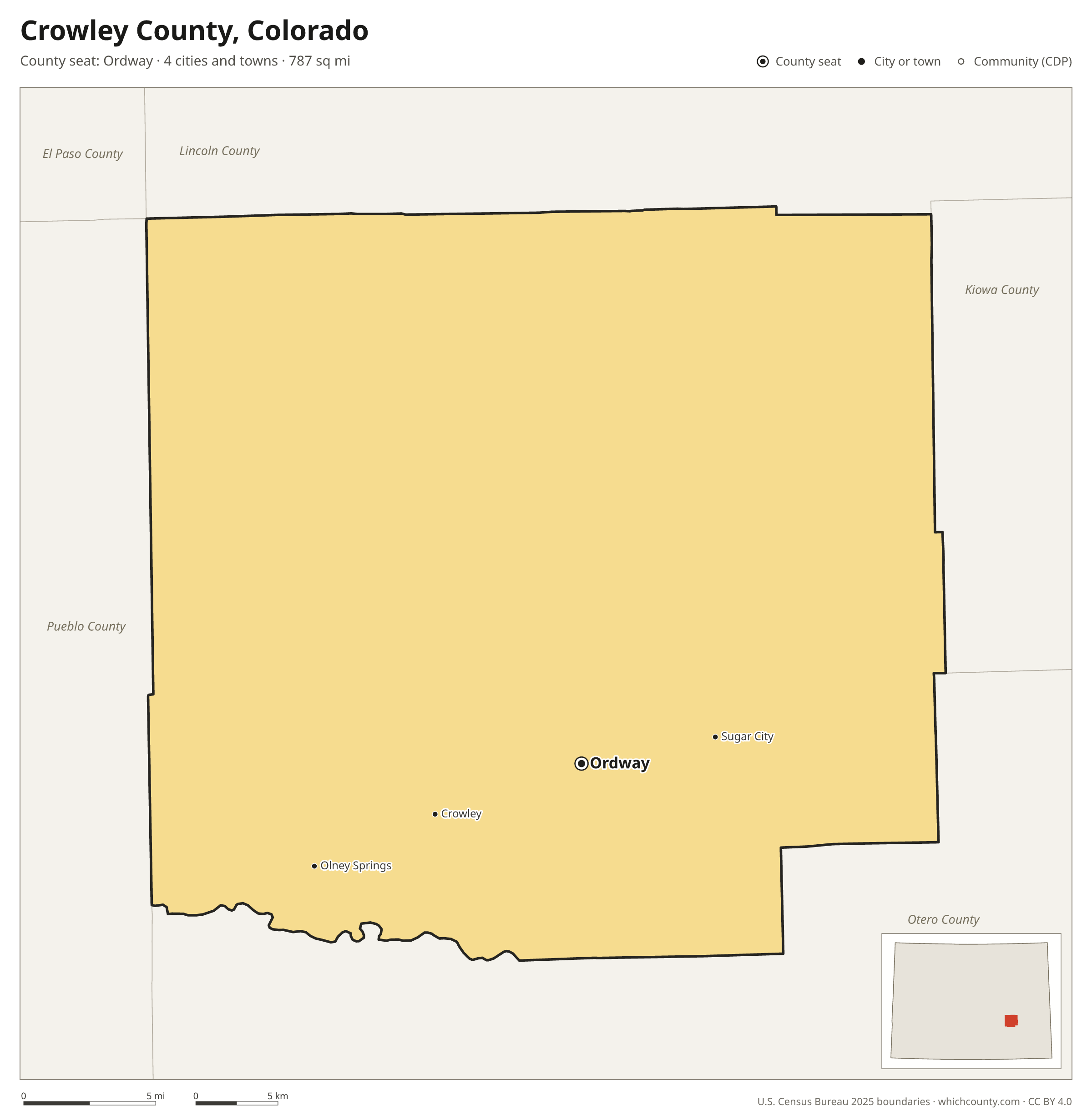 Map of Crowley County, Colorado with cities, towns and the county boundary
