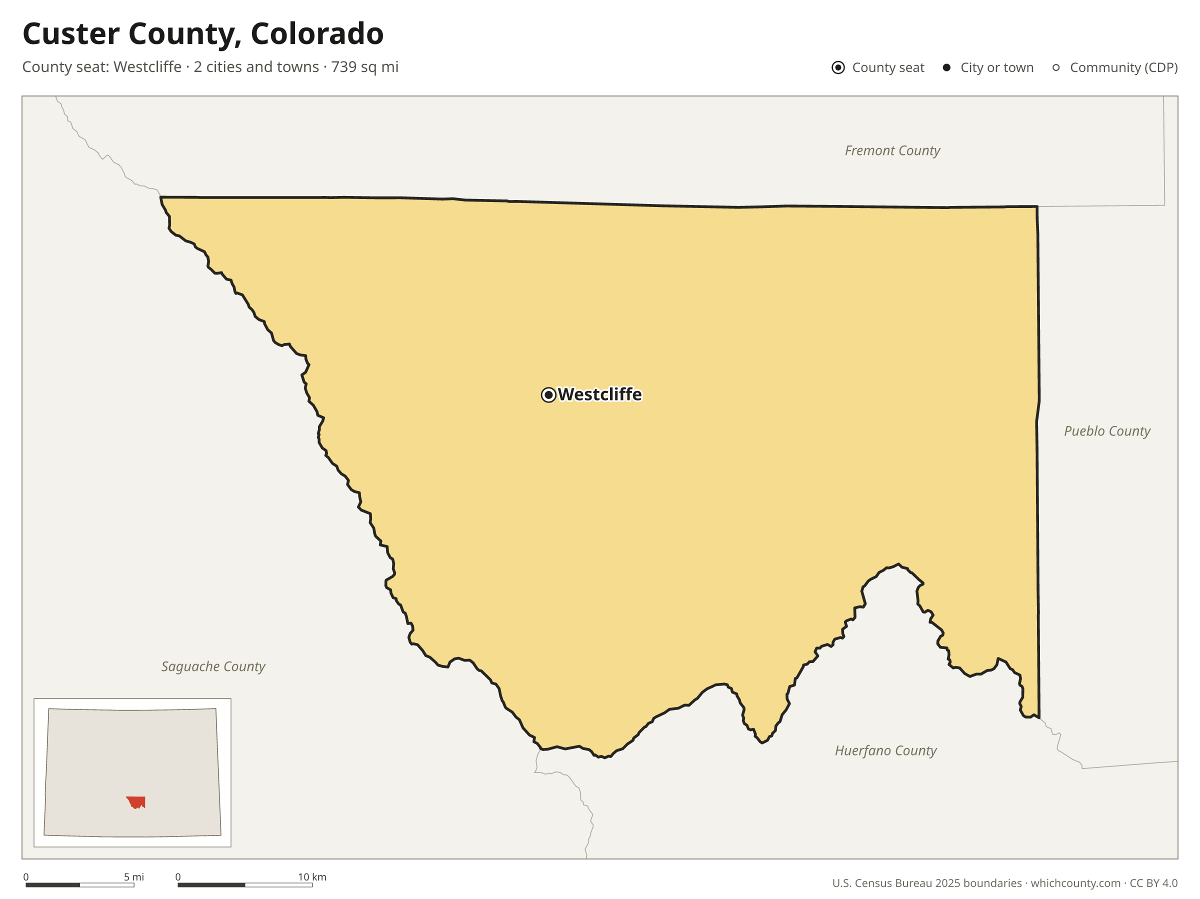 Map of Custer County, Colorado with cities, towns and the county boundary