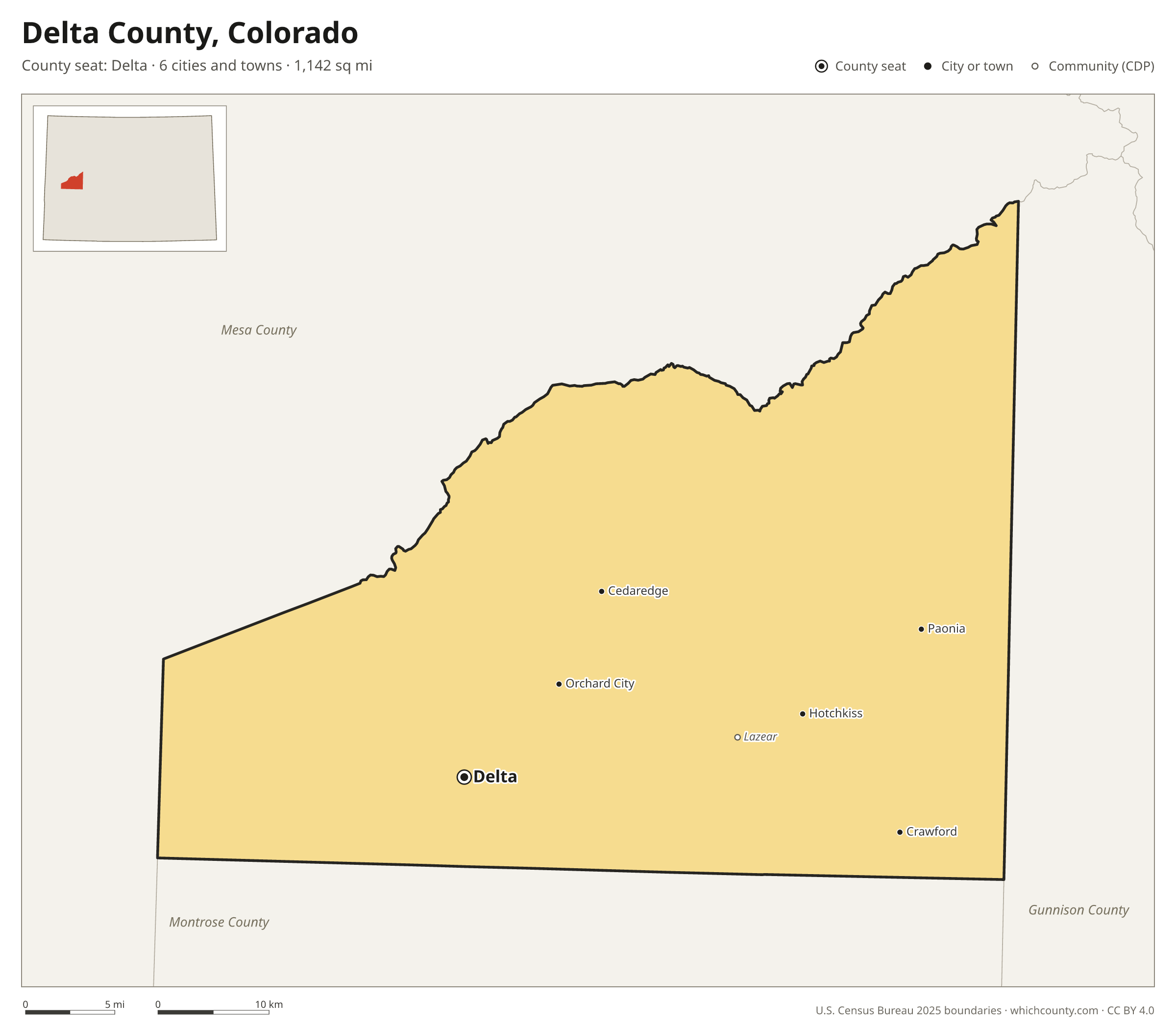 Map of Delta County, Colorado with cities, towns and the county boundary