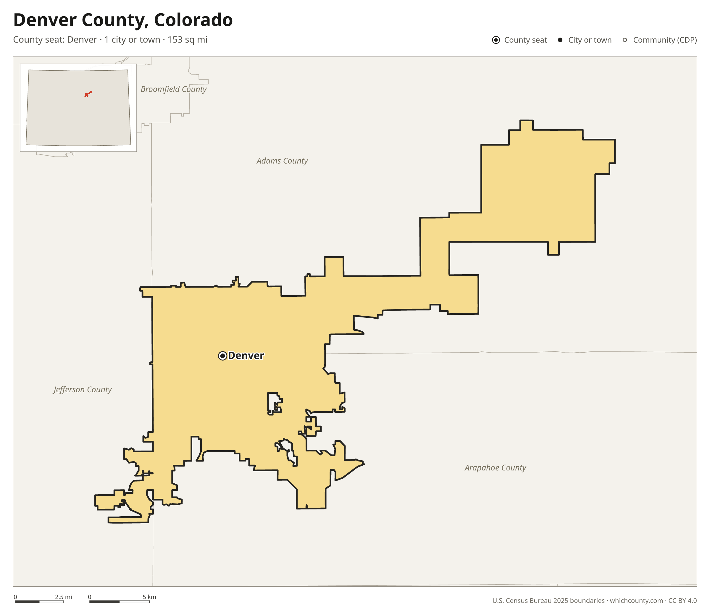Map of Denver County, Colorado with cities, towns and the county boundary