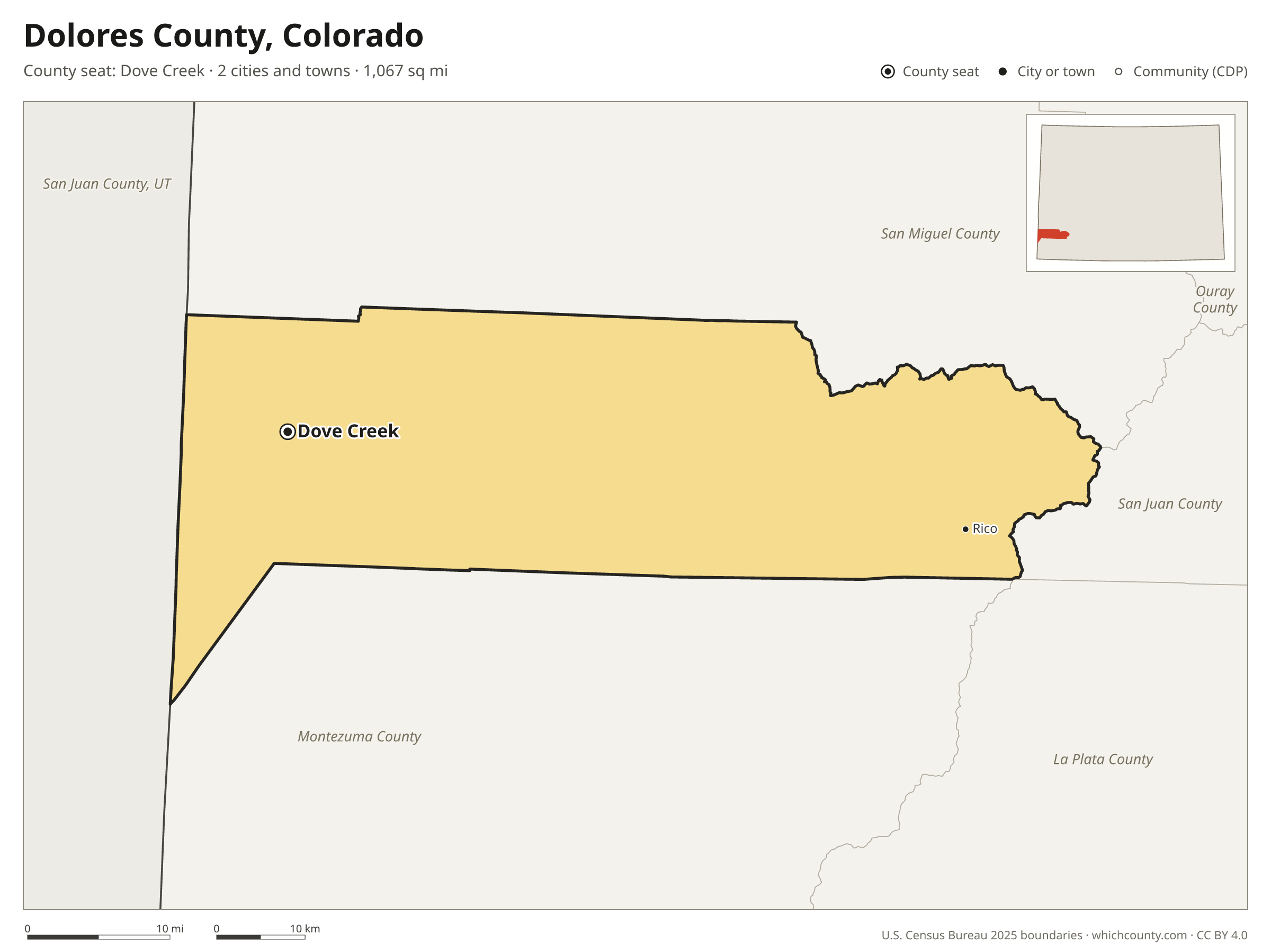 Map of Dolores County, Colorado with cities, towns and the county boundary