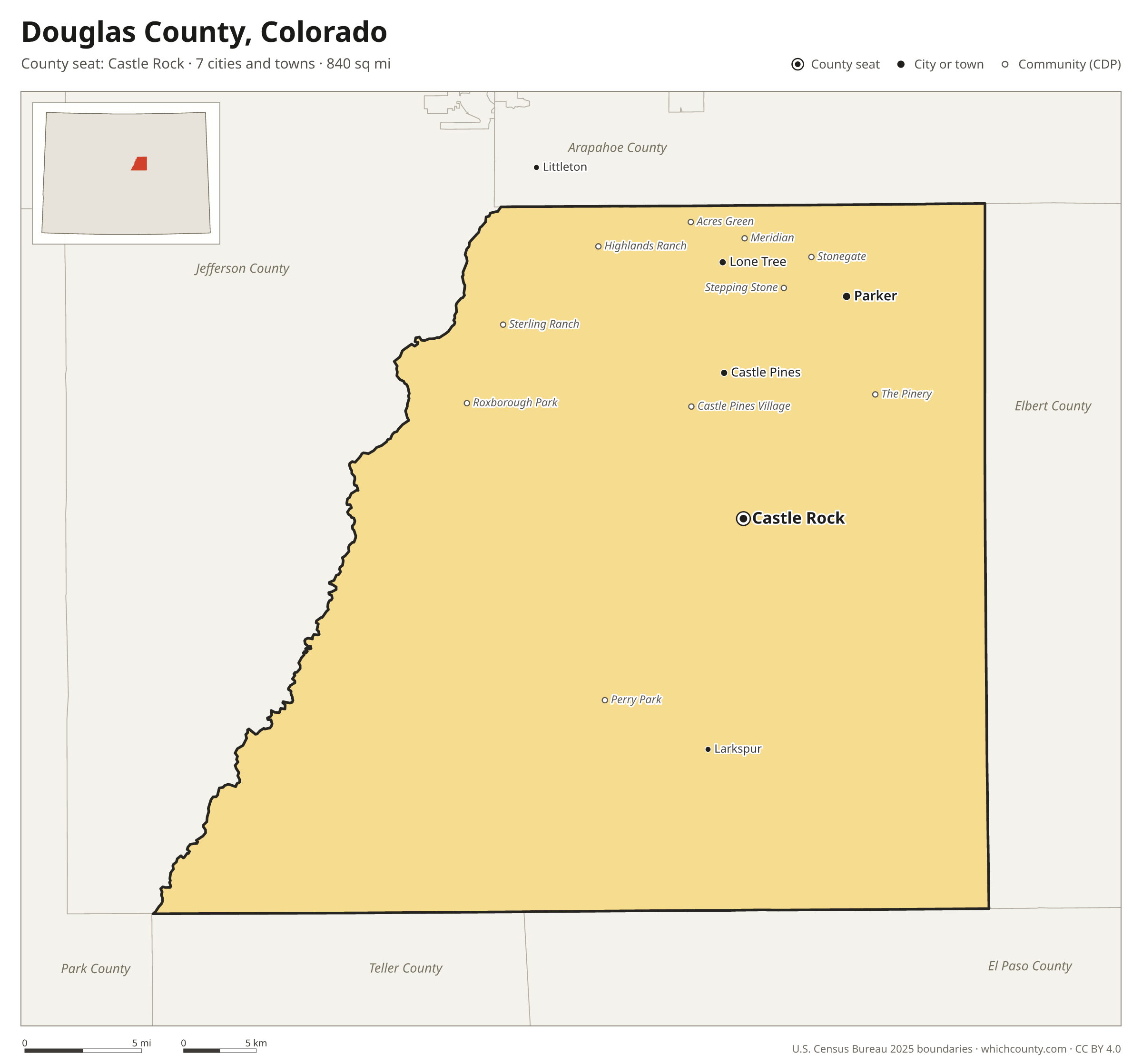 Map of Douglas County, Colorado with cities, towns and the county boundary