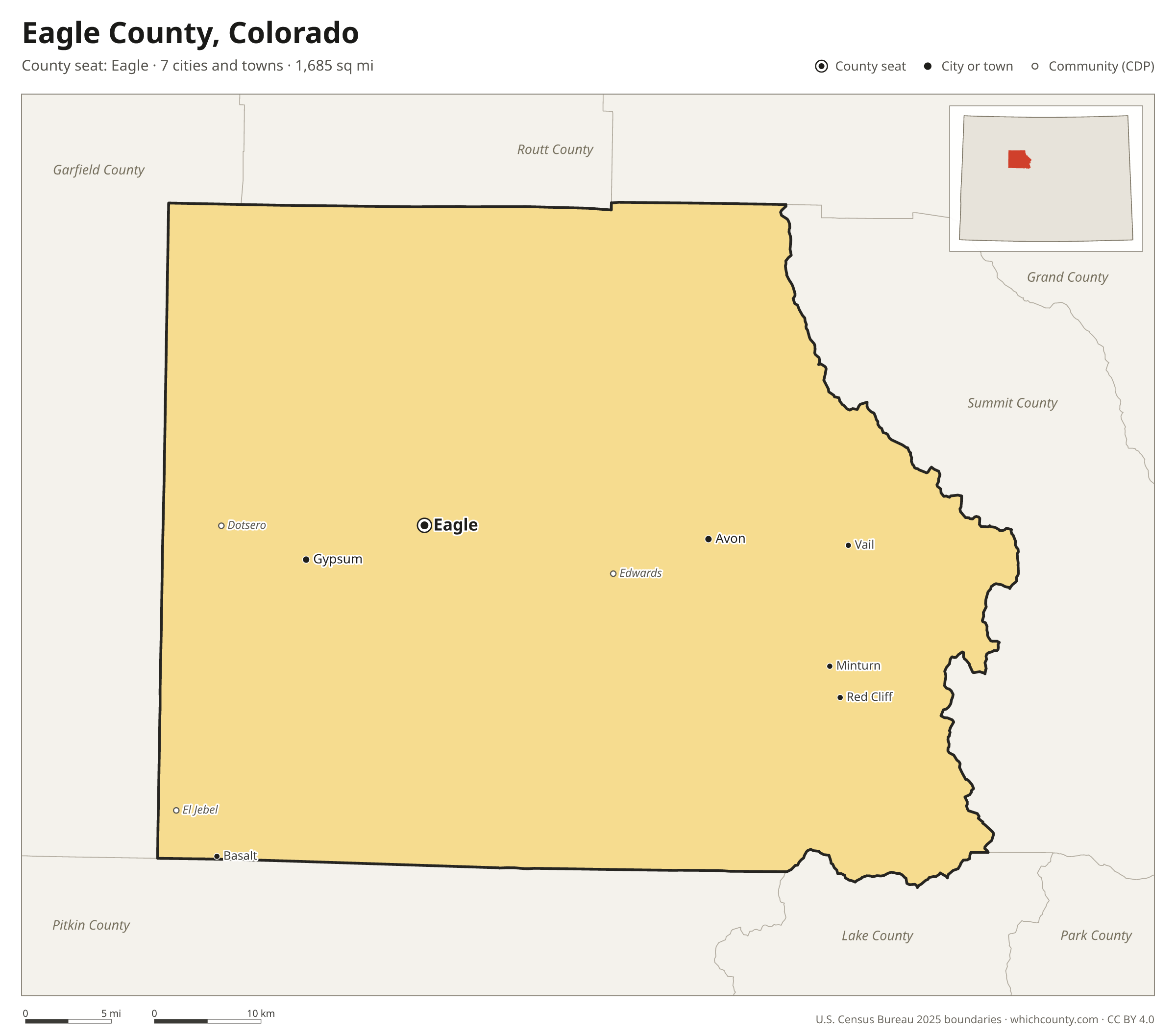 Map of Eagle County, Colorado with cities, towns and the county boundary