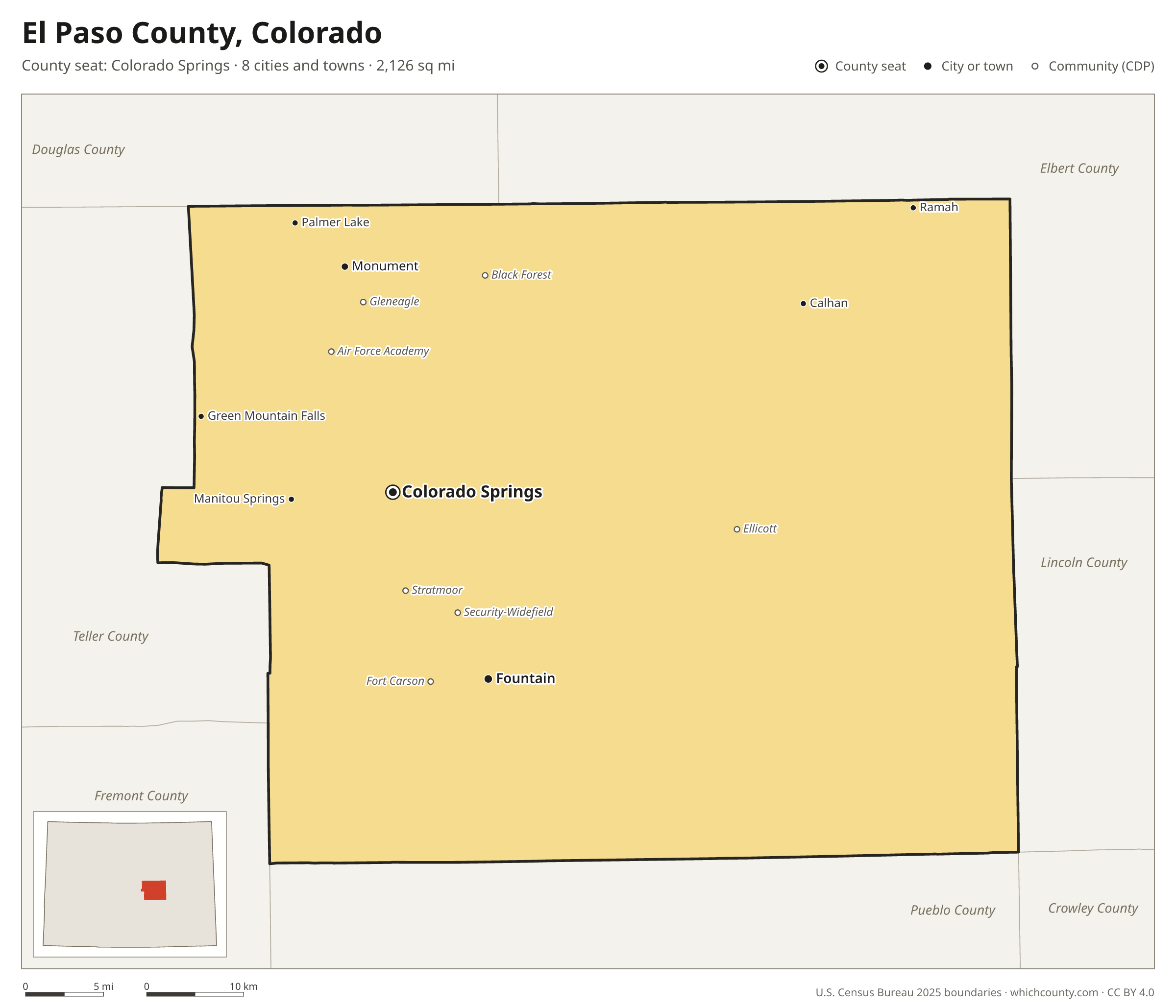 Map of El Paso County, Colorado with cities, towns and the county boundary