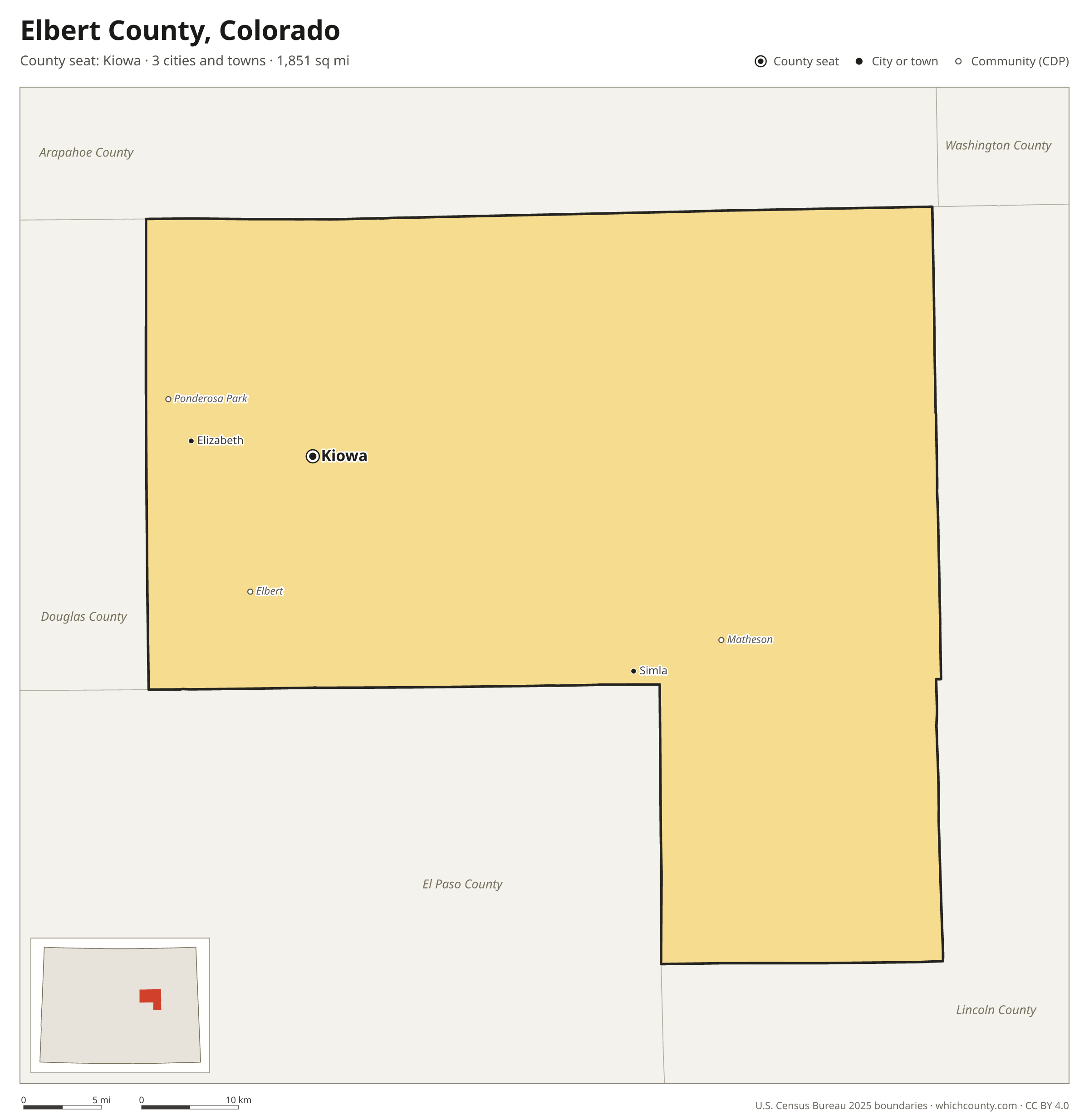 Map of Elbert County, Colorado with cities, towns and the county boundary