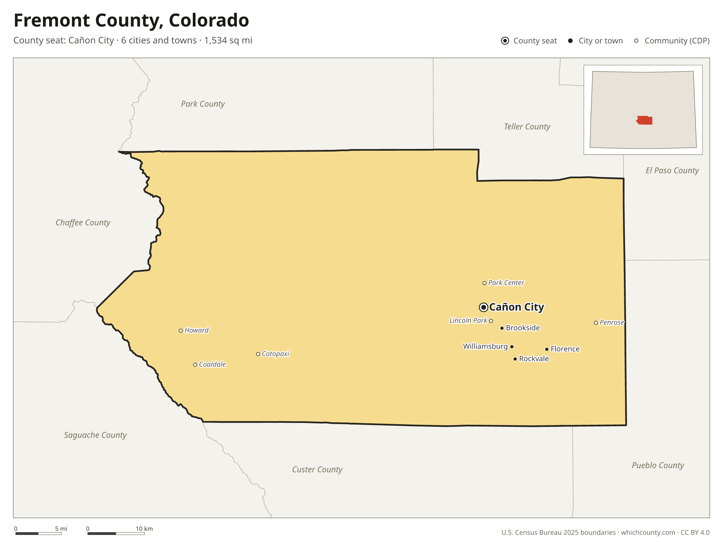 Map of Fremont County, Colorado with cities, towns and the county boundary