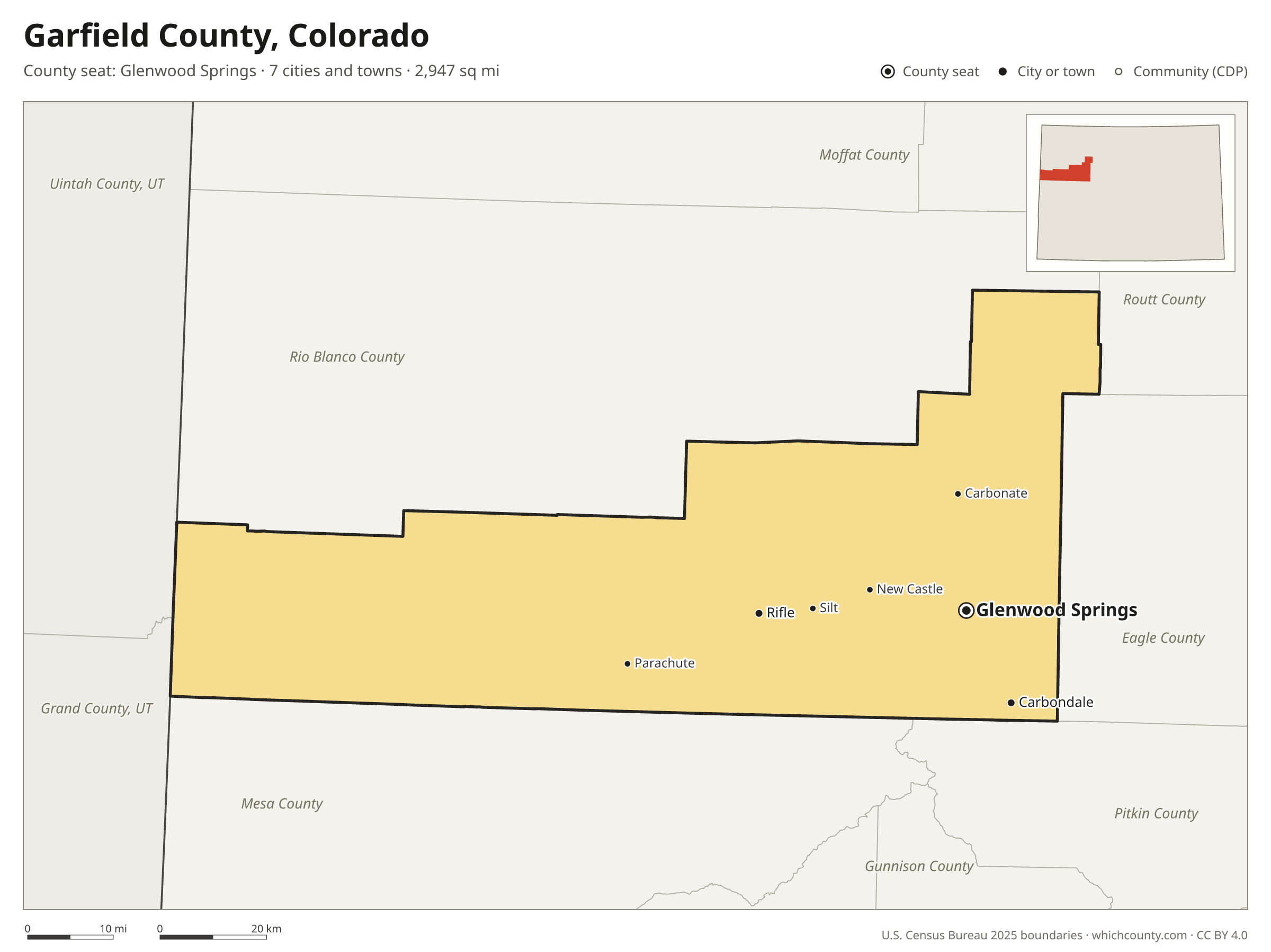 Map of Garfield County, Colorado with cities, towns and the county boundary