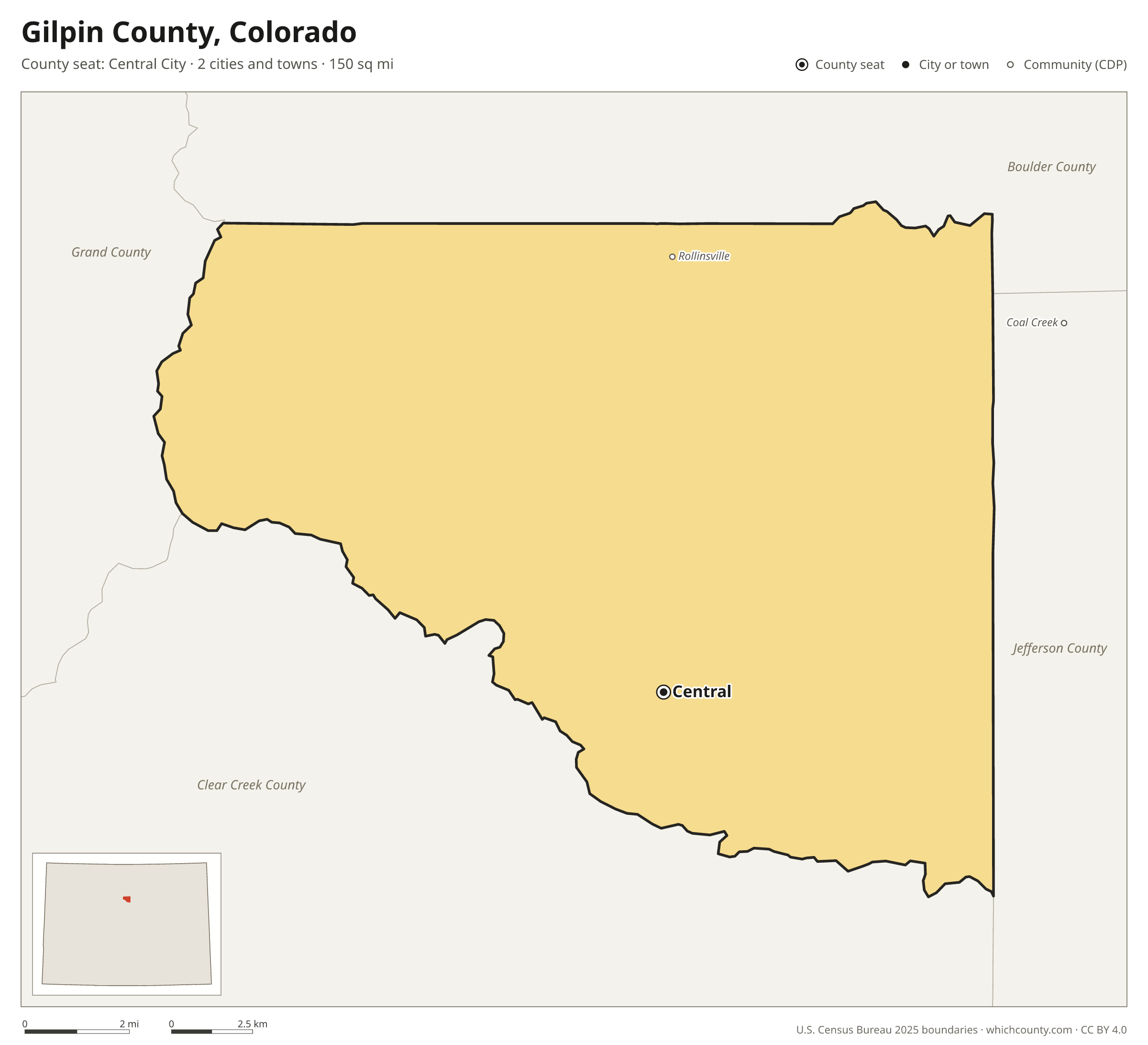 Map of Gilpin County, Colorado with cities, towns and the county boundary