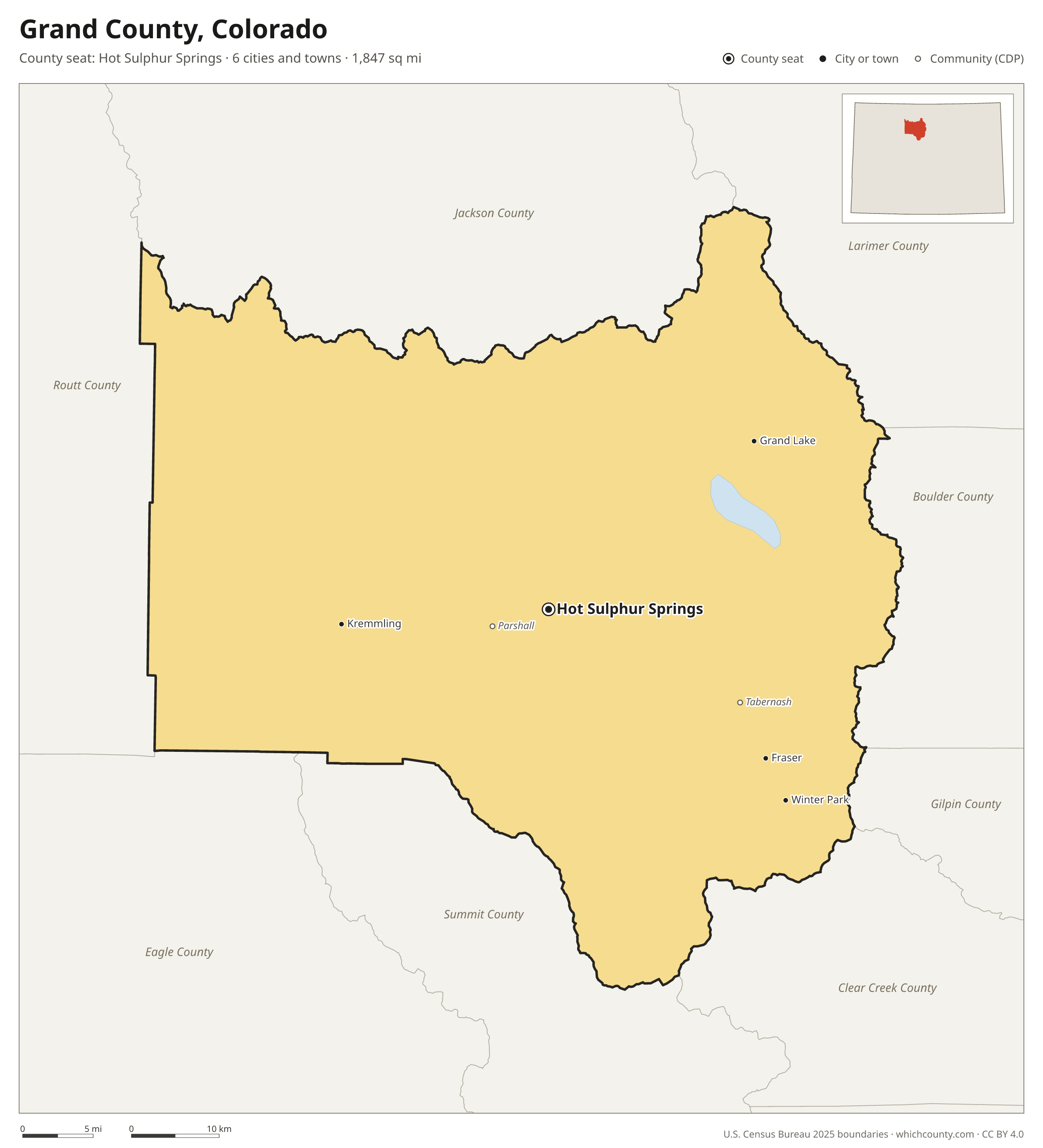 Map of Grand County, Colorado with cities, towns and the county boundary
