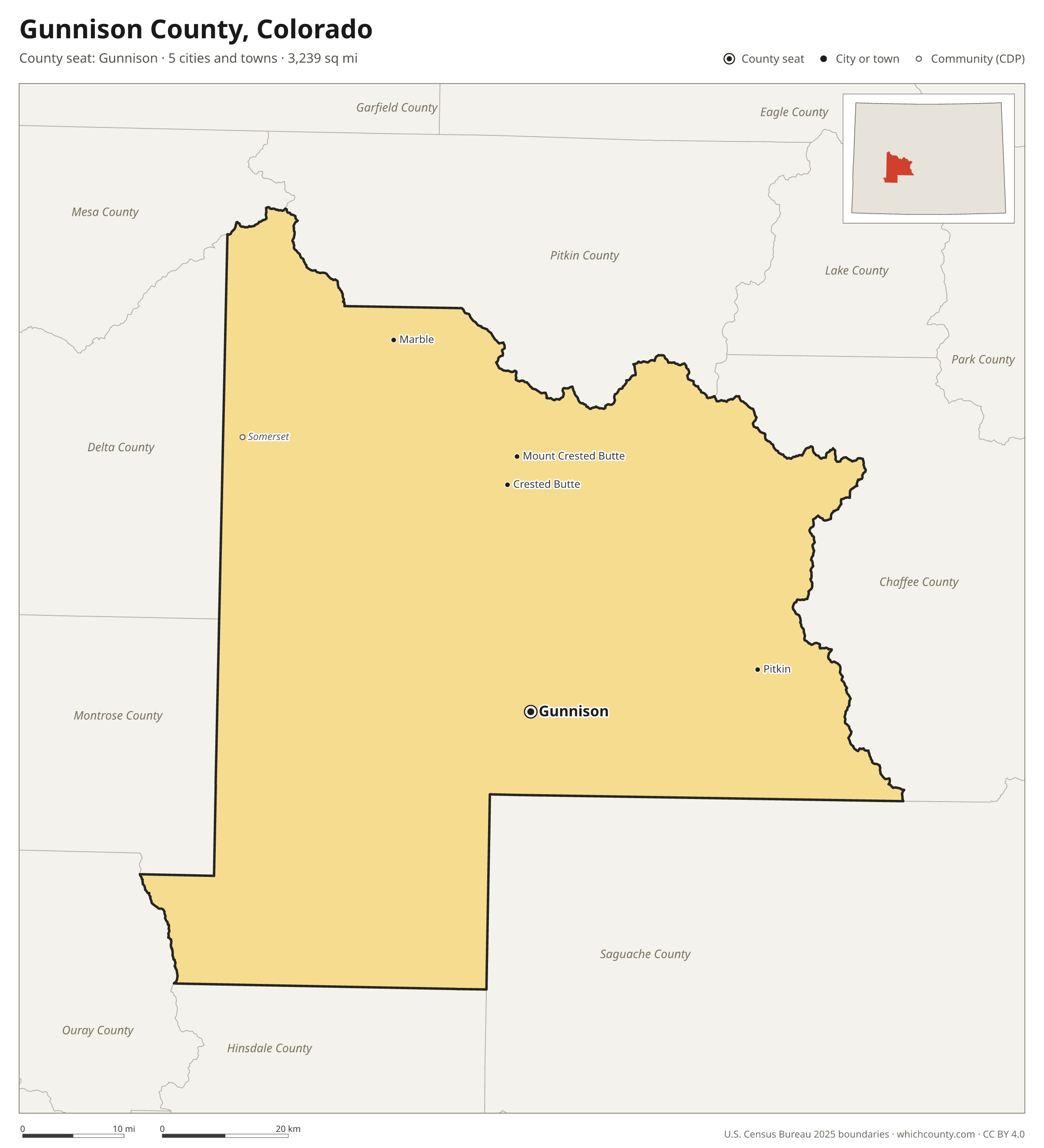 Map of Gunnison County, Colorado with cities, towns and the county boundary