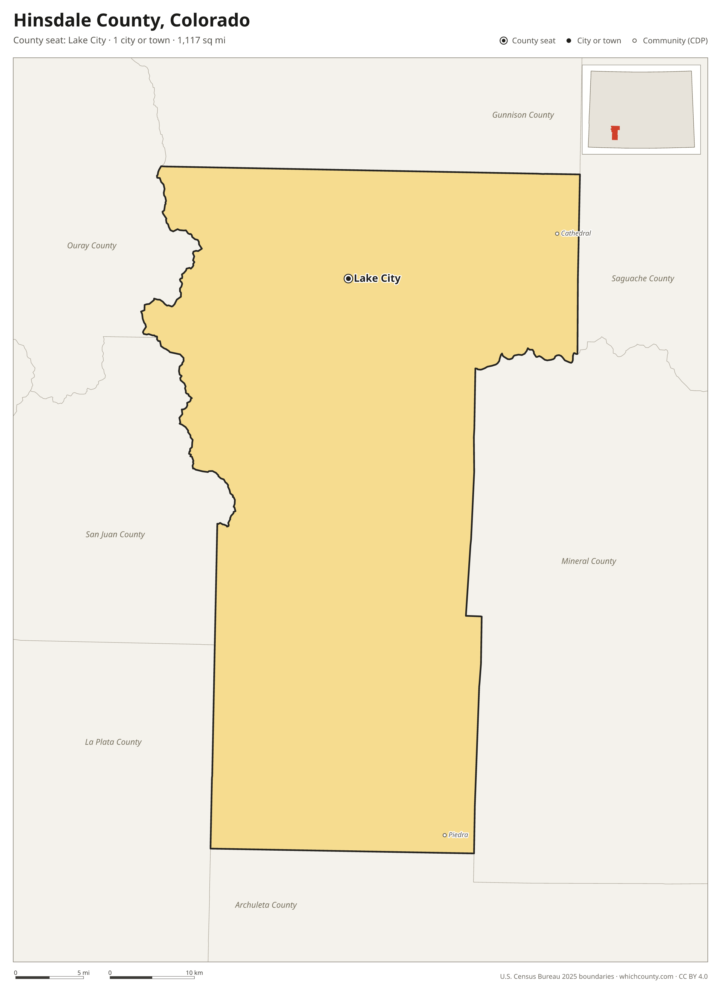 Map of Hinsdale County, Colorado with cities, towns and the county boundary