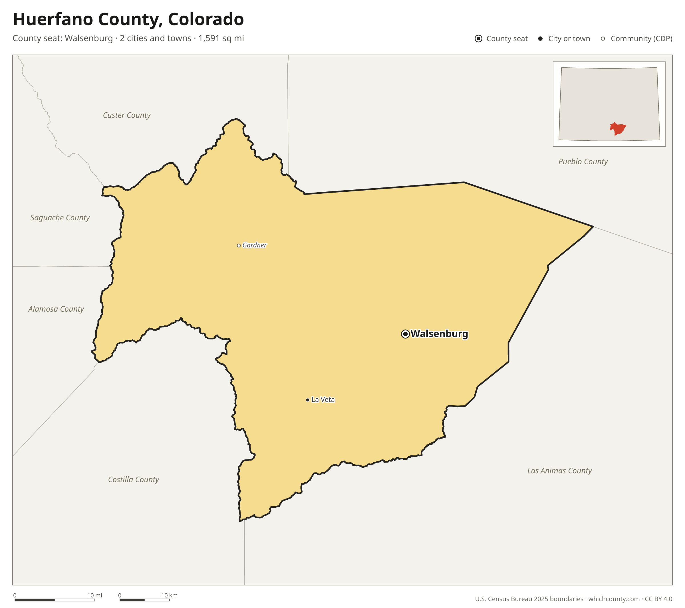 Map of Huerfano County, Colorado with cities, towns and the county boundary
