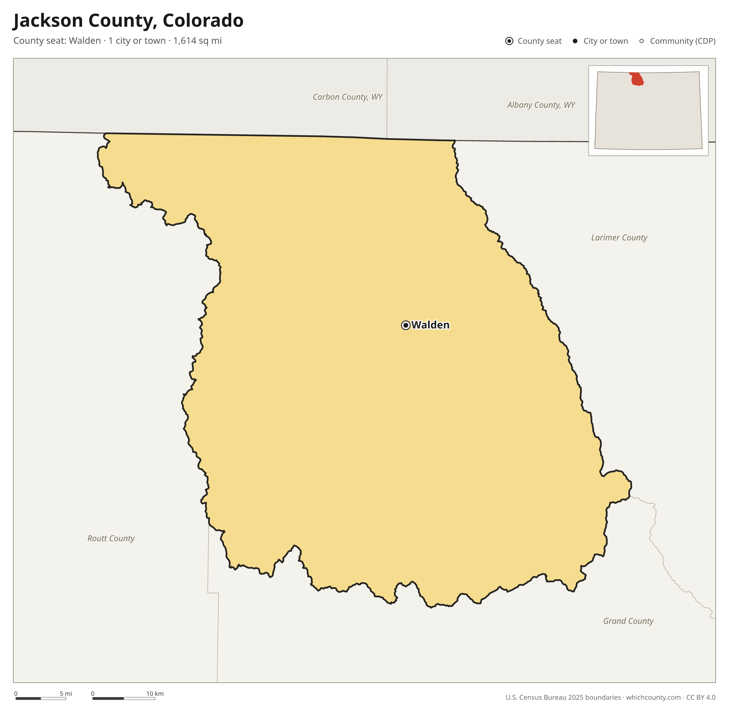 Map of Jackson County, Colorado with cities, towns and the county boundary