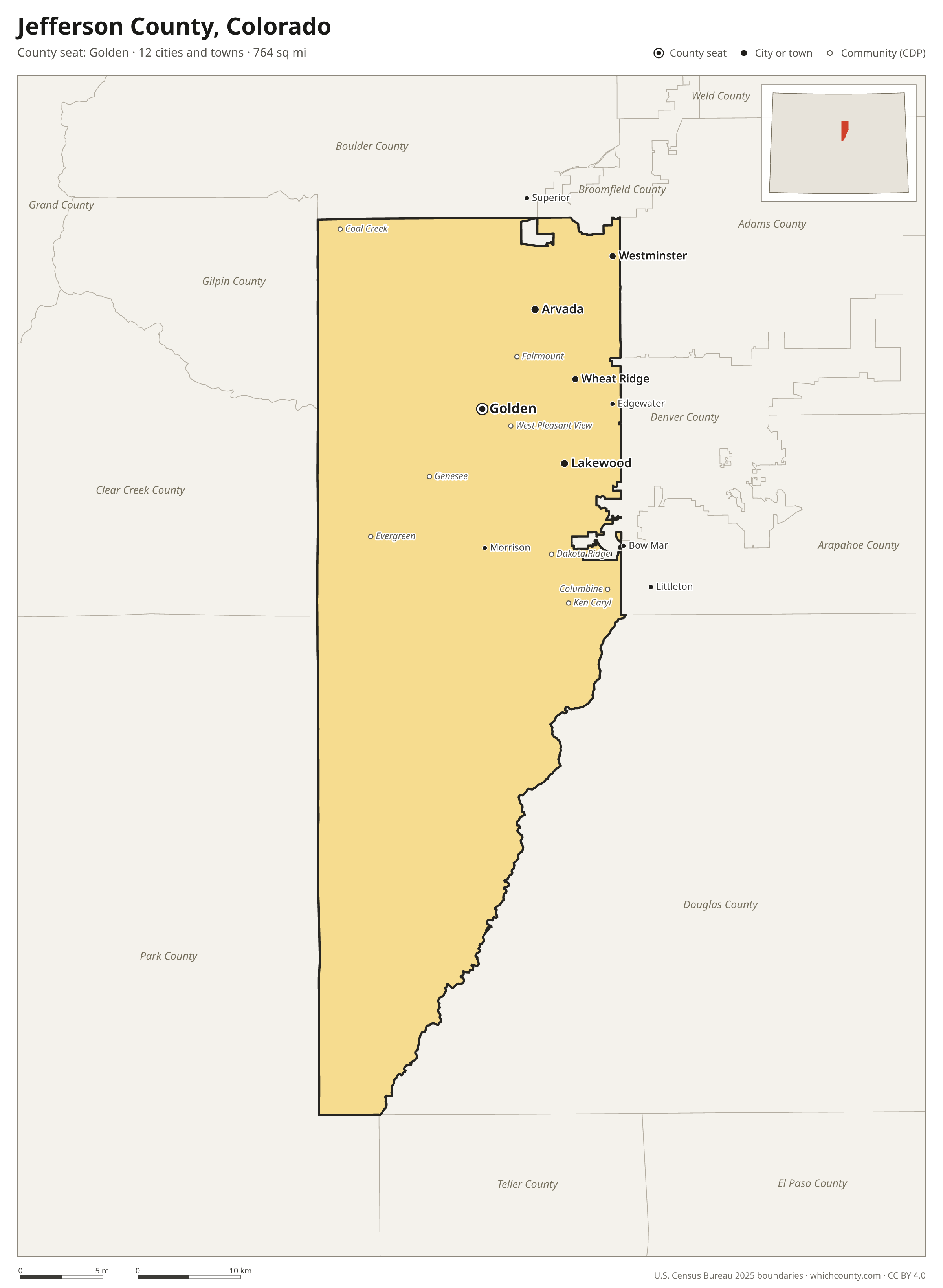 Map of Jefferson County, Colorado with cities, towns and the county boundary