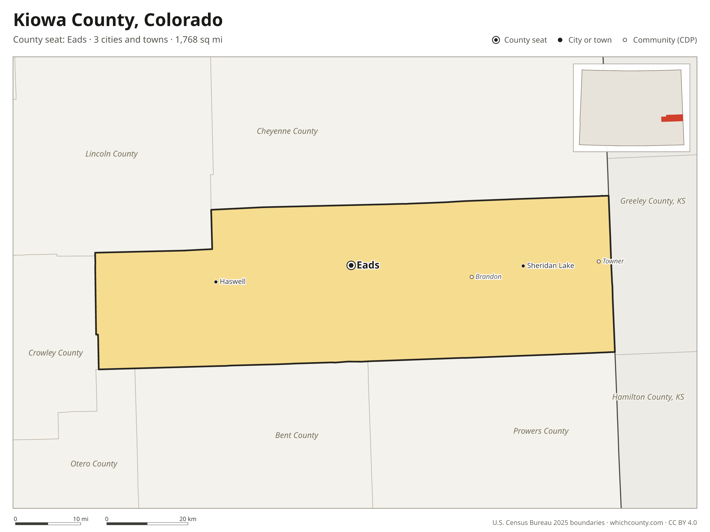Map of Kiowa County, Colorado with cities, towns and the county boundary