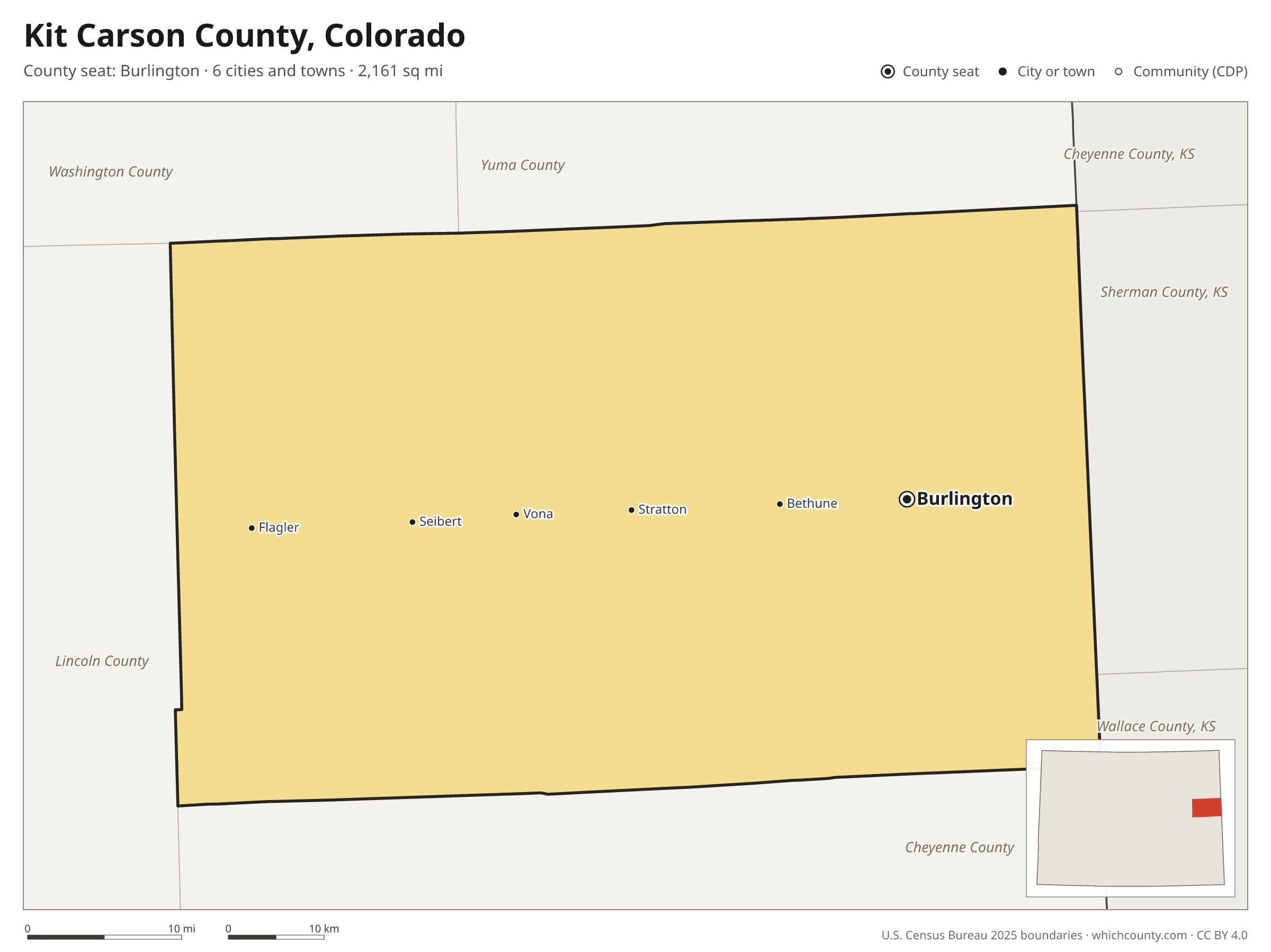 Map of Kit Carson County, Colorado with cities, towns and the county boundary