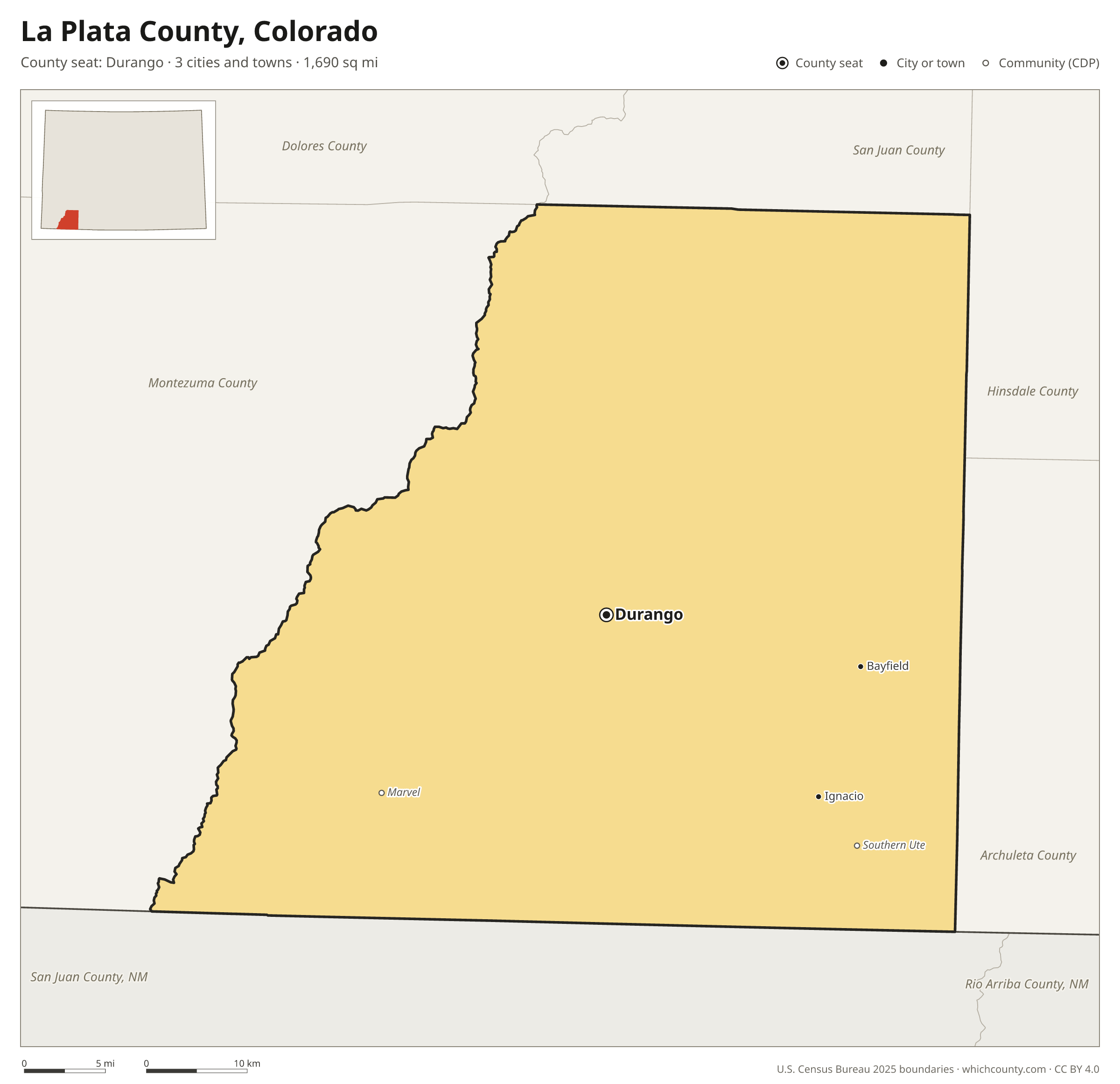 Map of La Plata County, Colorado with cities, towns and the county boundary