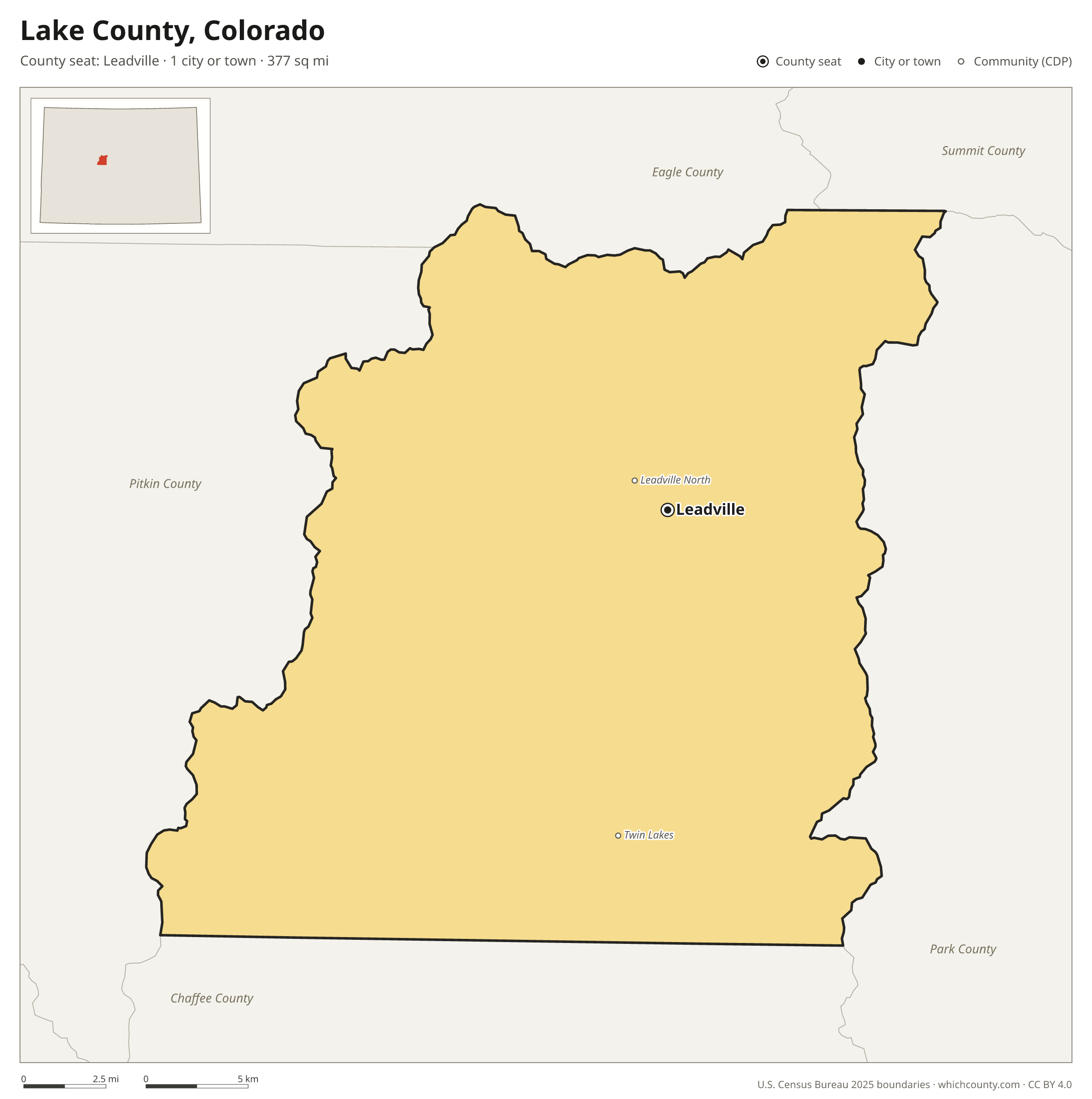 Map of Lake County, Colorado with cities, towns and the county boundary