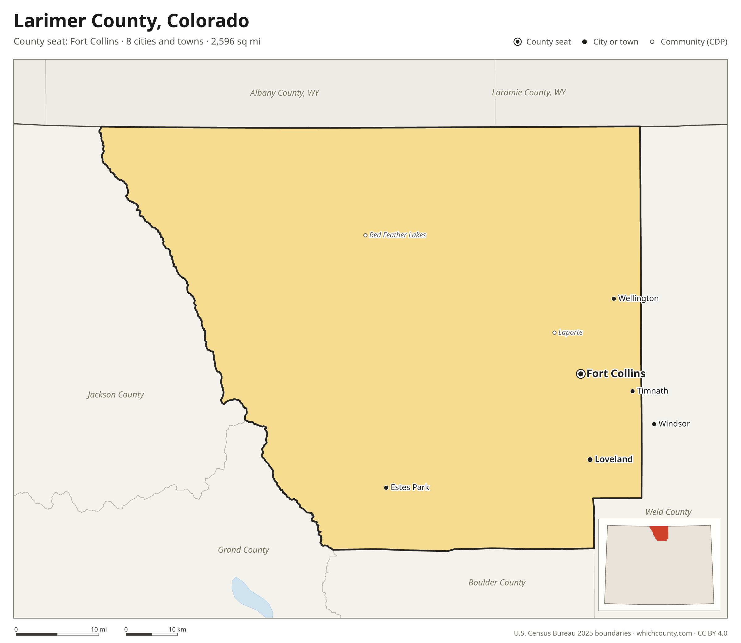 Map of Larimer County, Colorado with cities, towns and the county boundary