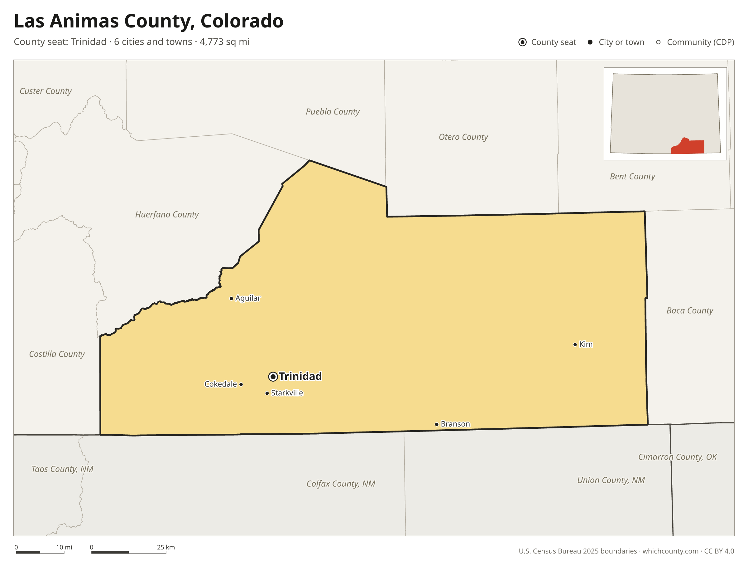 Map of Las Animas County, Colorado with cities, towns and the county boundary