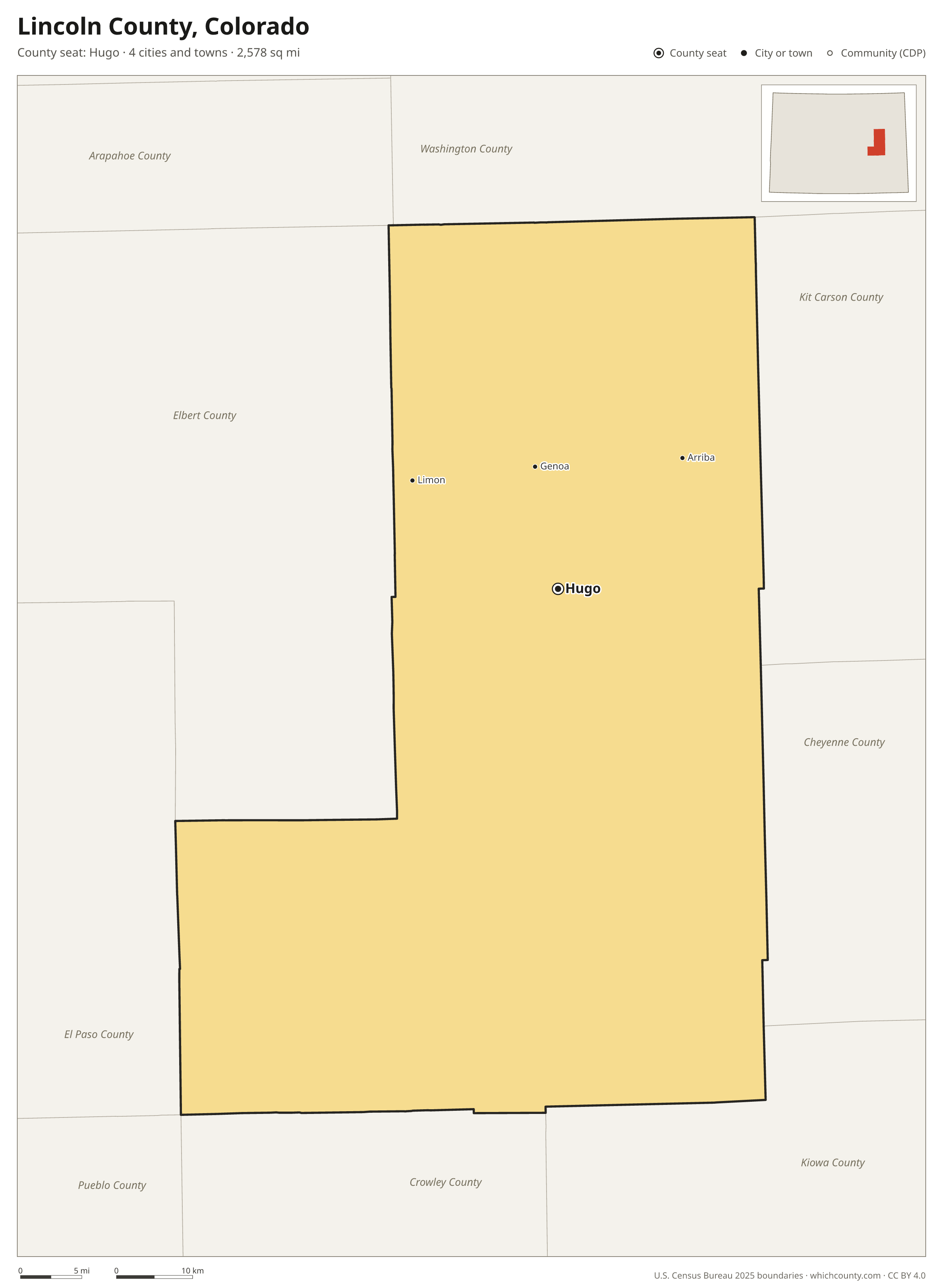 Map of Lincoln County, Colorado with cities, towns and the county boundary