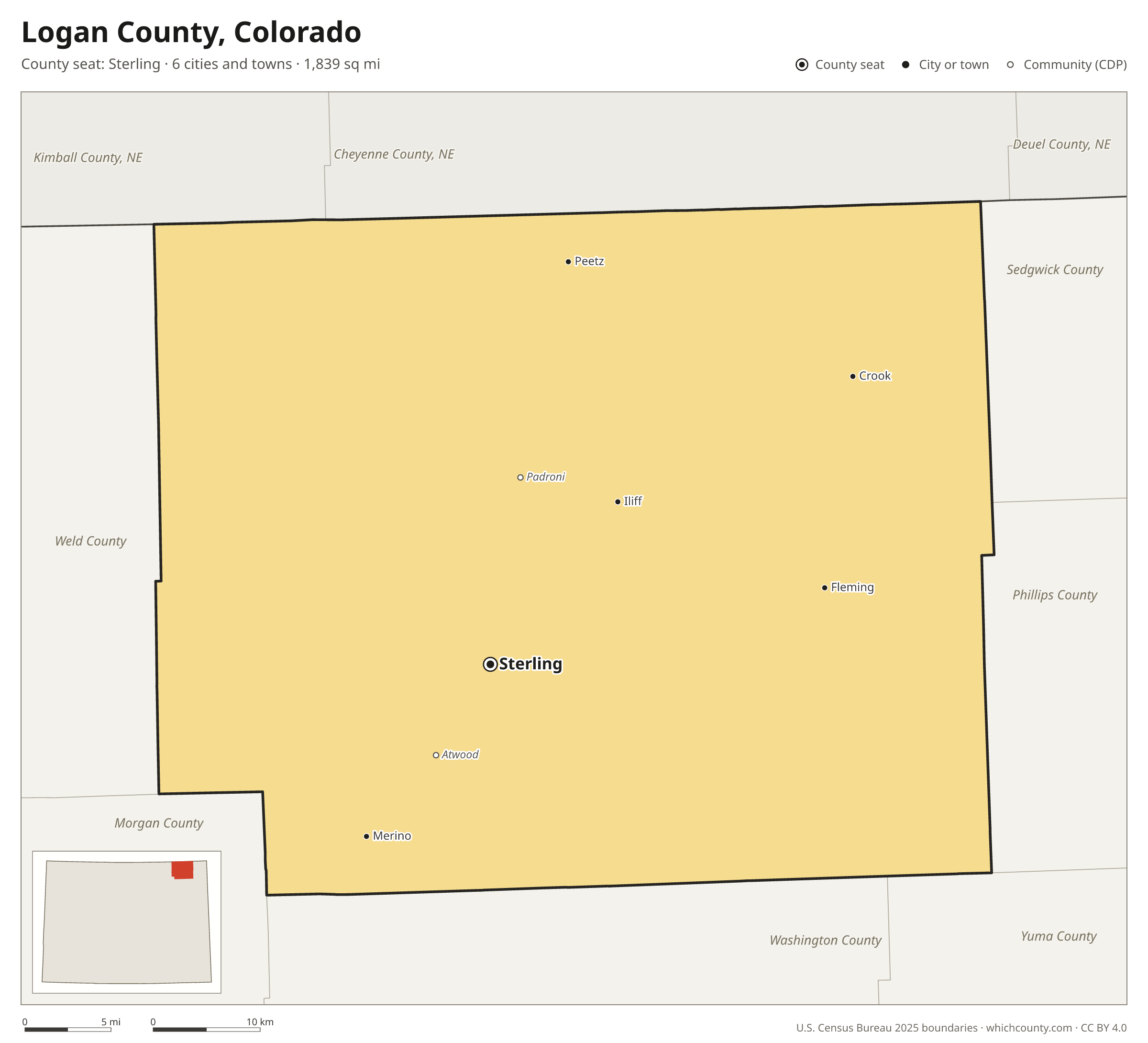 Map of Logan County, Colorado with cities, towns and the county boundary