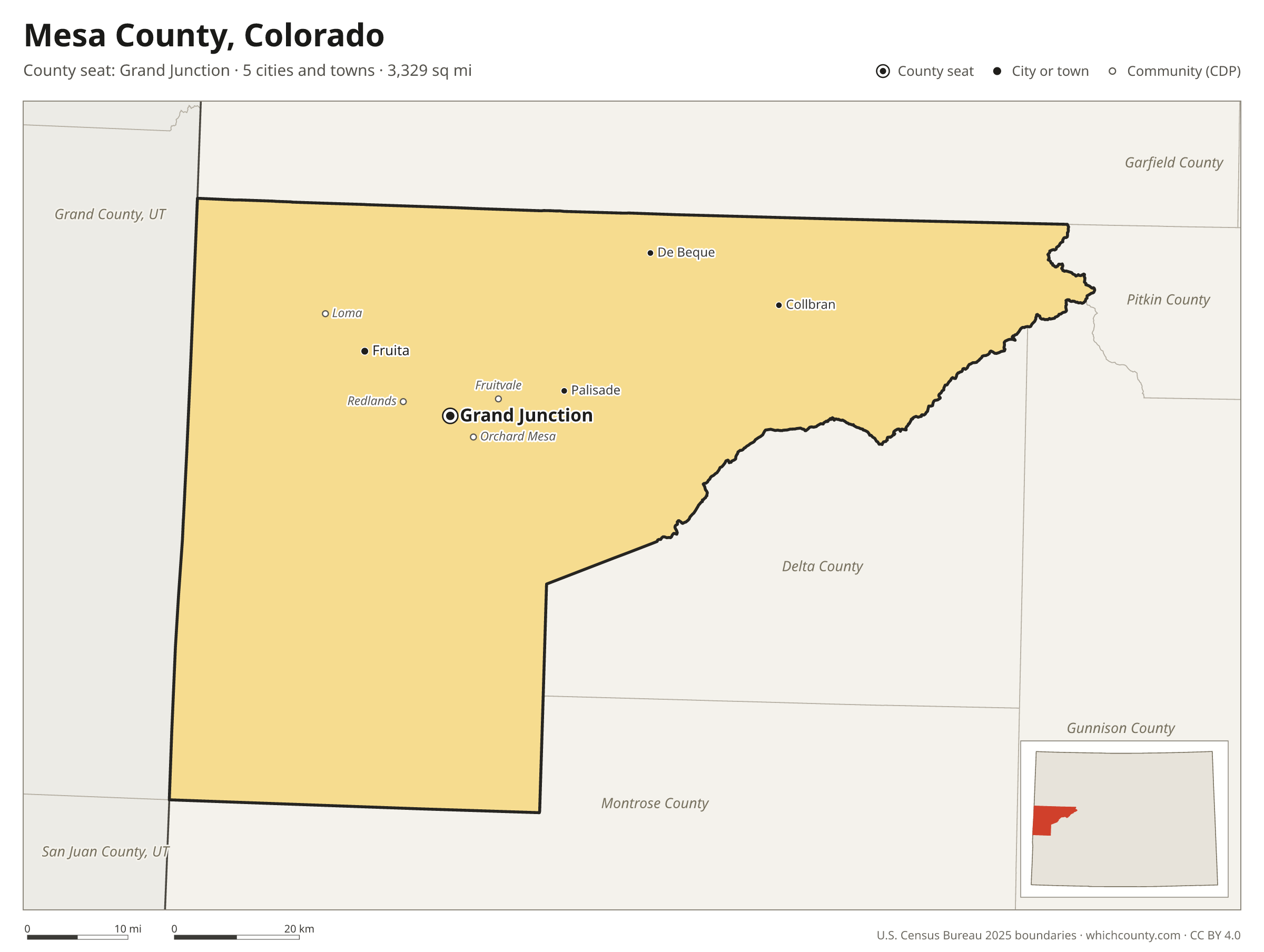 Map of Mesa County, Colorado with cities, towns and the county boundary