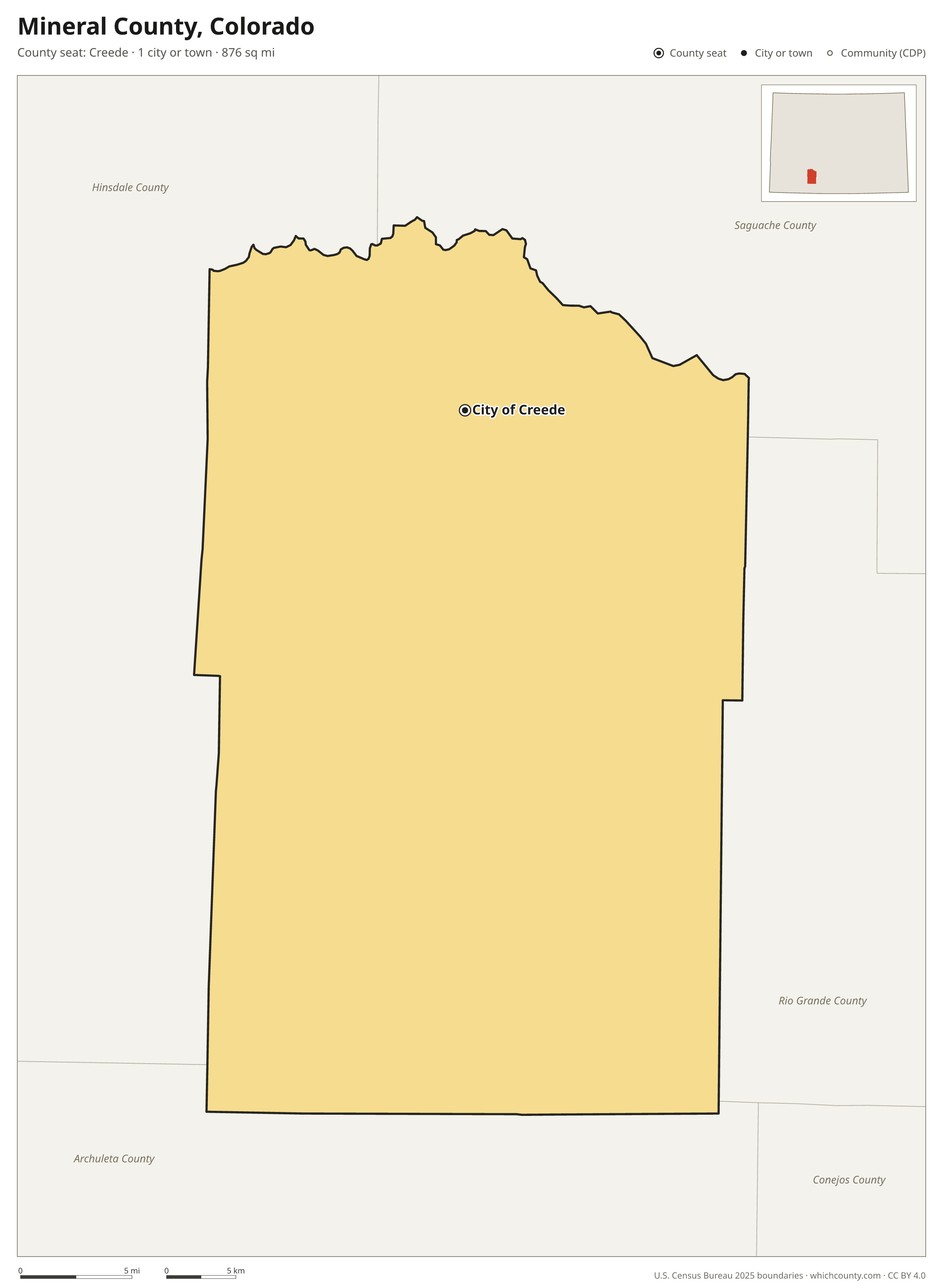 Map of Mineral County, Colorado with cities, towns and the county boundary