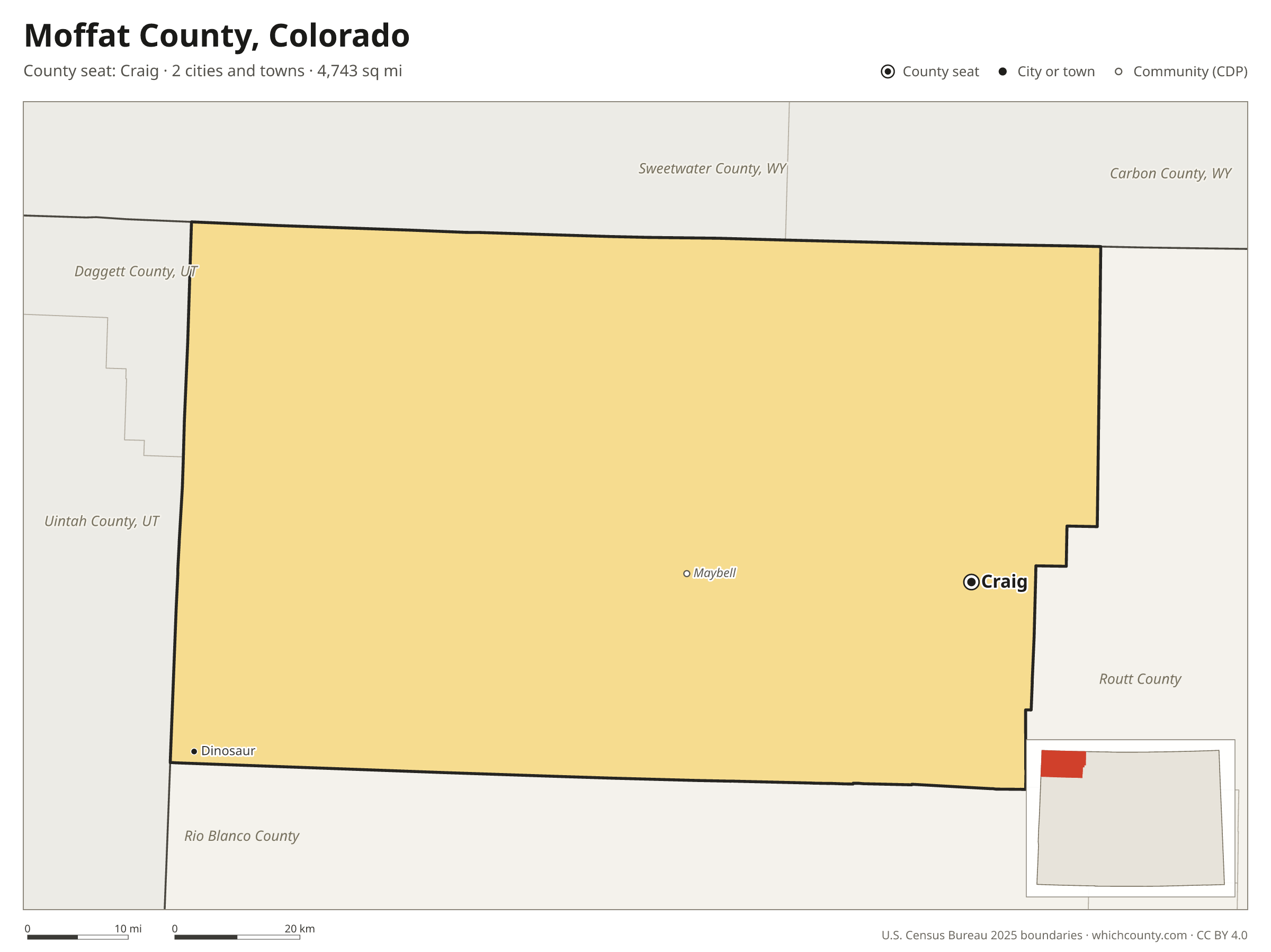 Map of Moffat County, Colorado with cities, towns and the county boundary