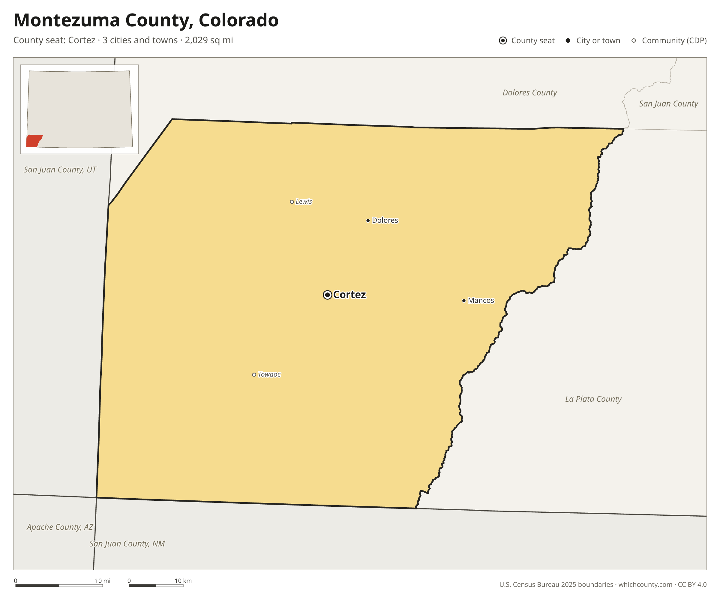 Map of Montezuma County, Colorado with cities, towns and the county boundary