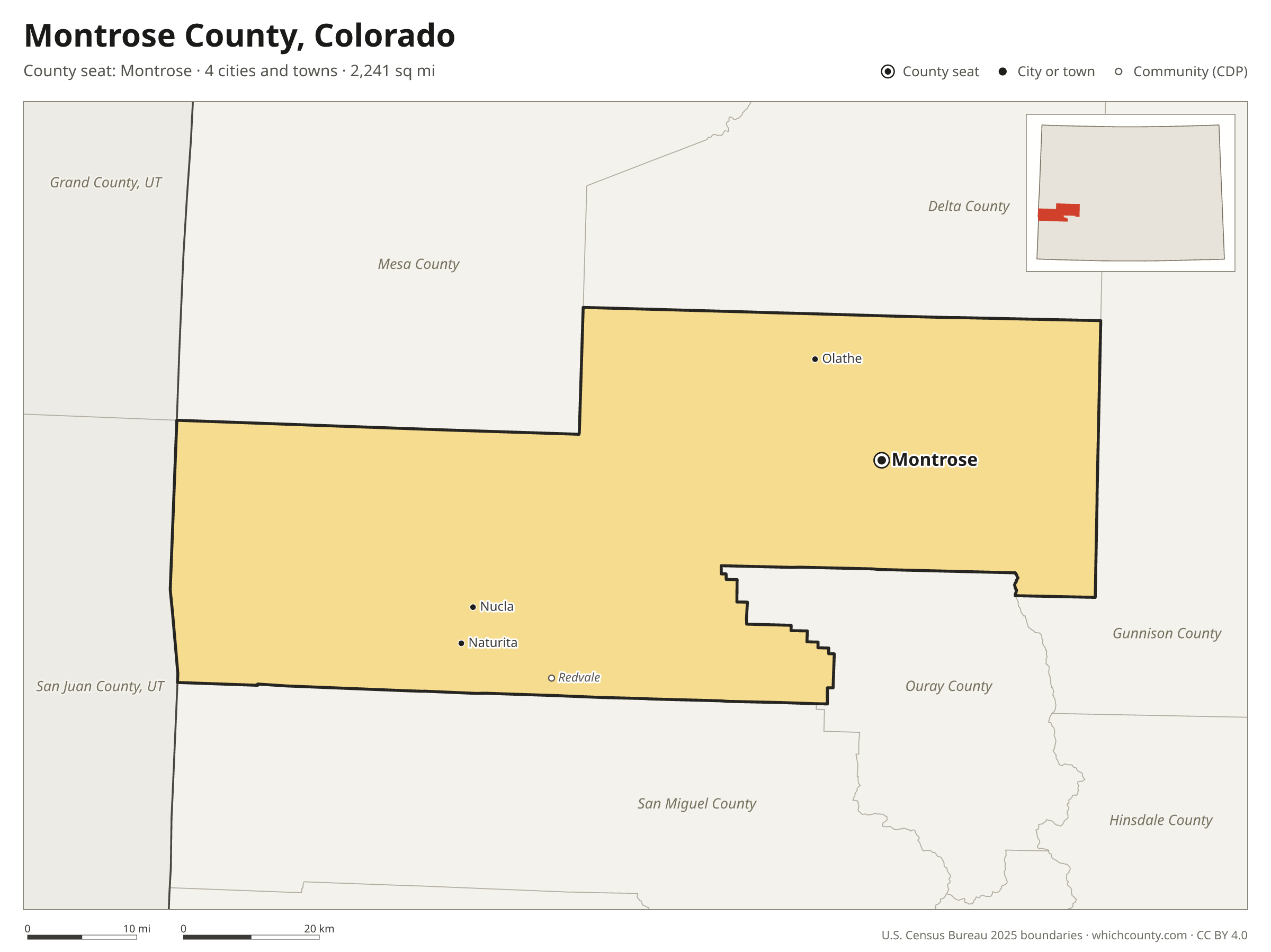 Map of Montrose County, Colorado with cities, towns and the county boundary