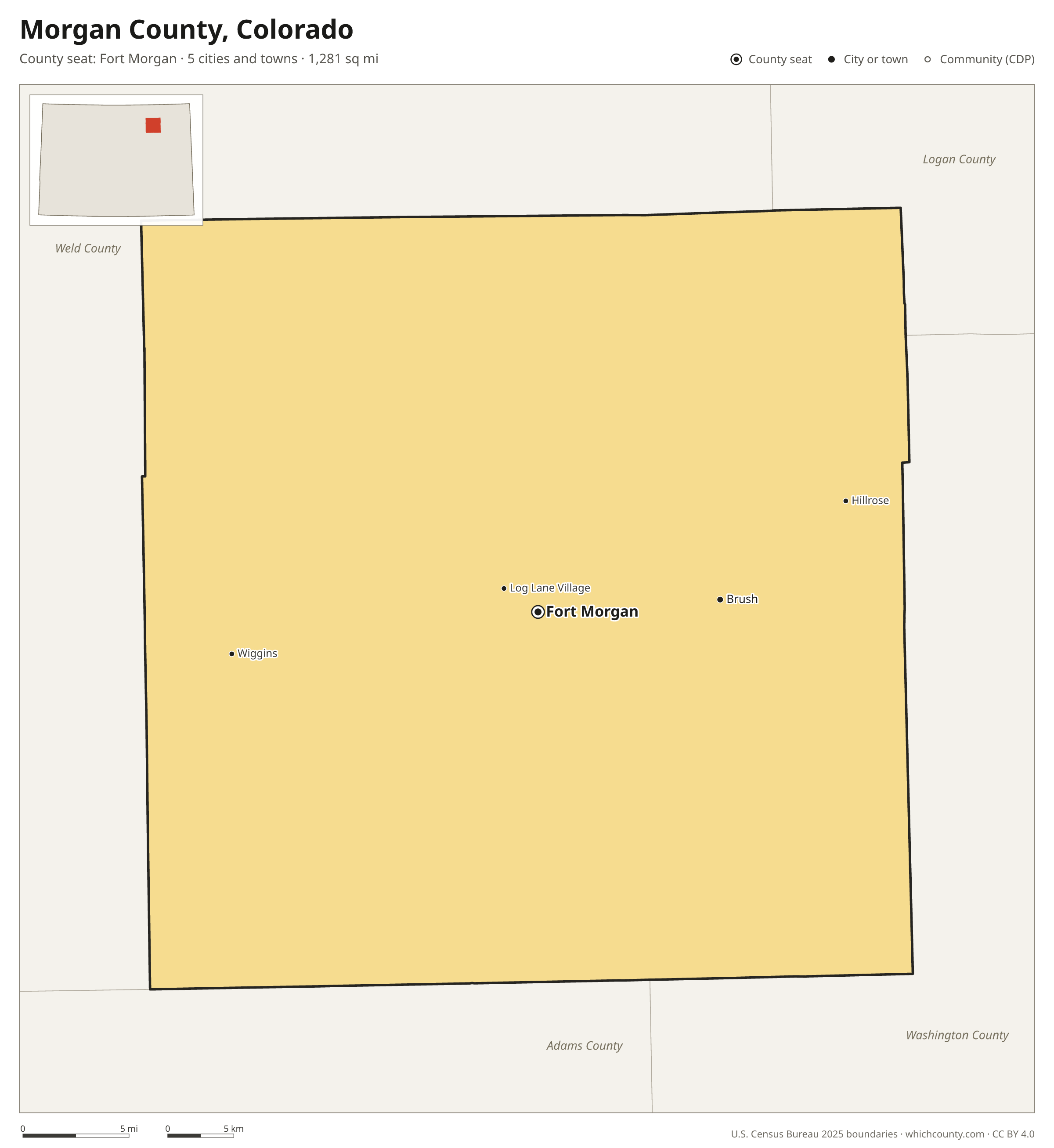Map of Morgan County, Colorado with cities, towns and the county boundary