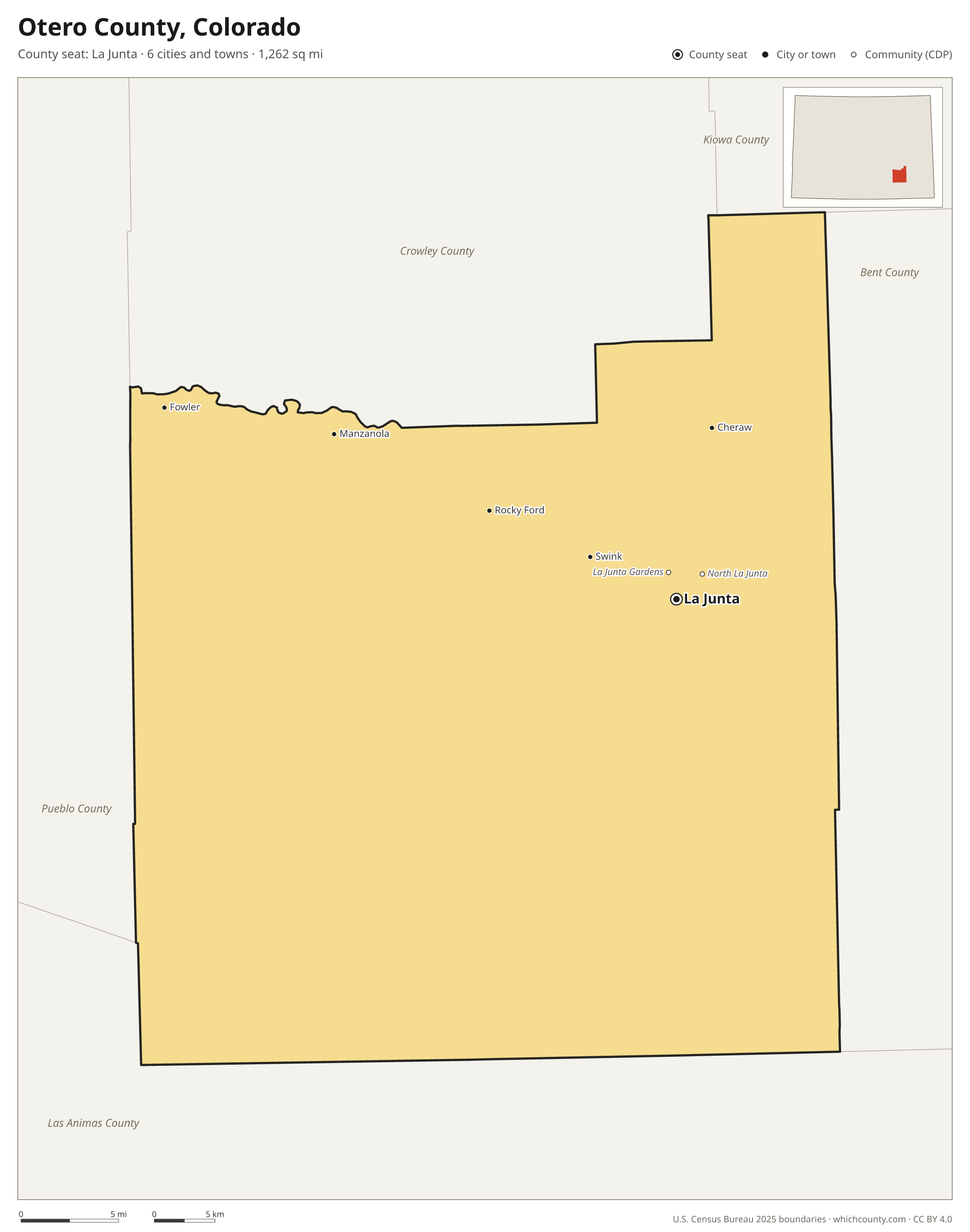 Map of Otero County, Colorado with cities, towns and the county boundary